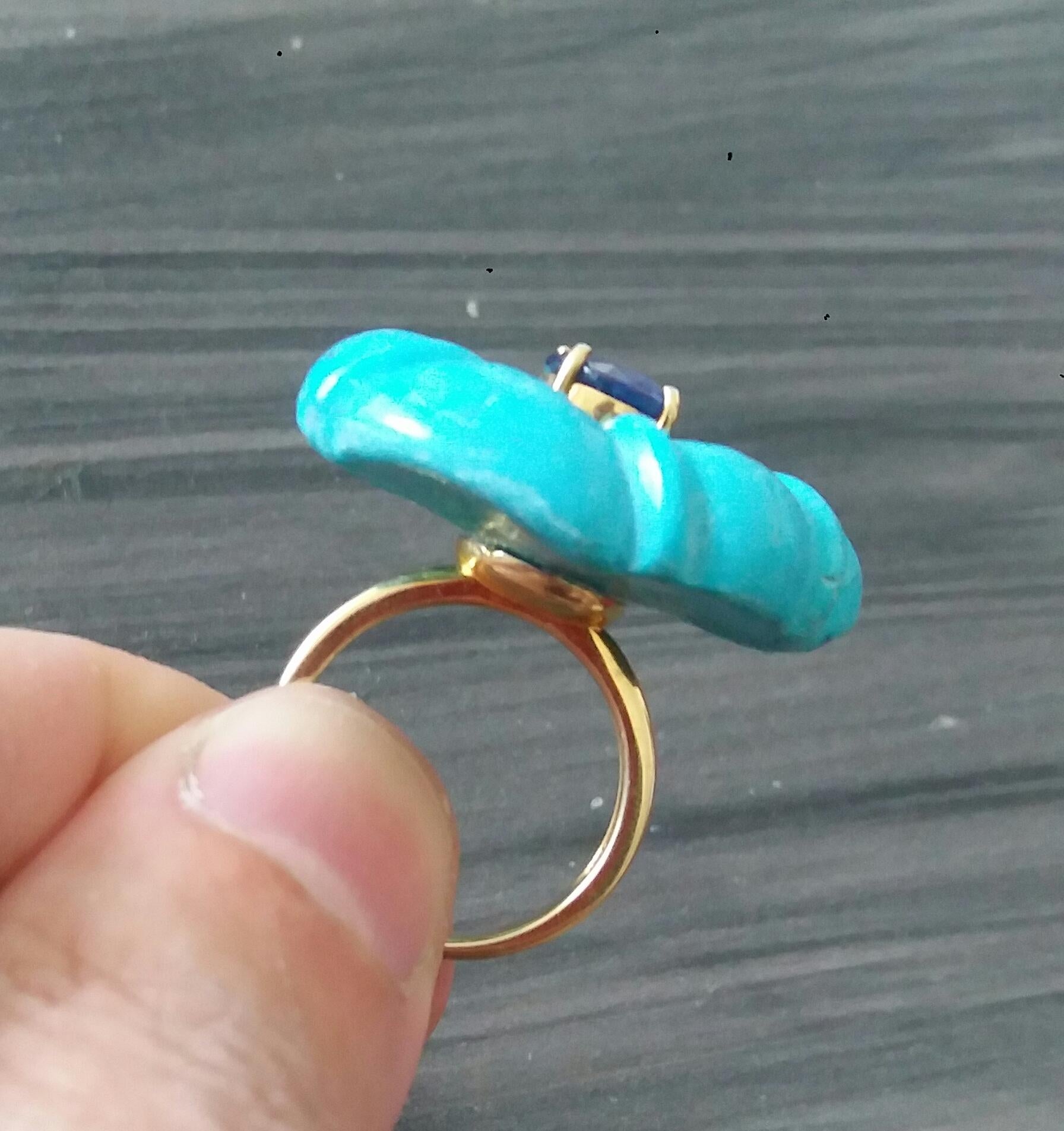 For Sale:  Genuine Turquoise Flower Oval Faceted Blue Sapphire Solid 14K Gold Fashion Ring 11