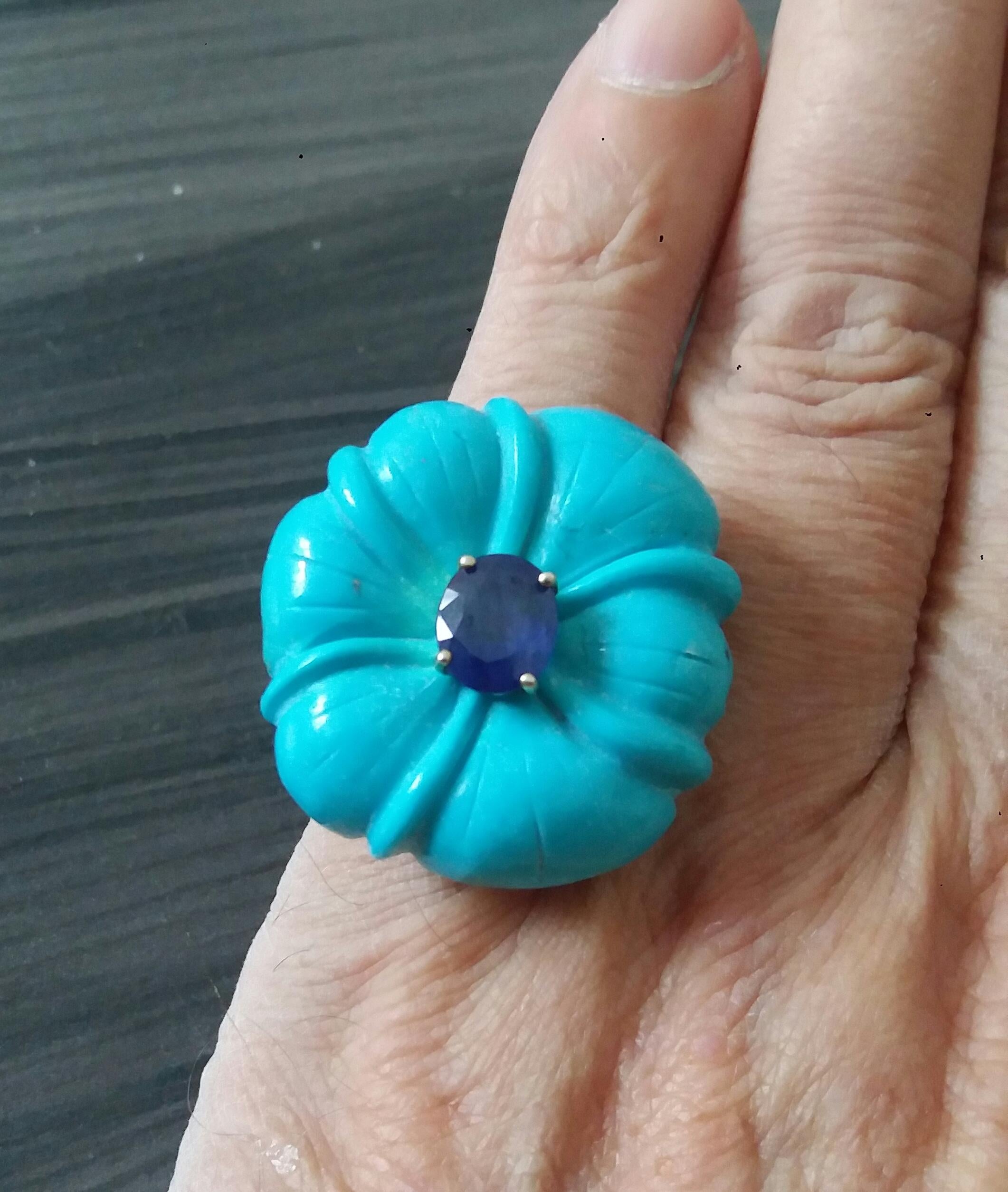 For Sale:  Genuine Turquoise Flower Oval Faceted Blue Sapphire Solid 14K Gold Fashion Ring 13