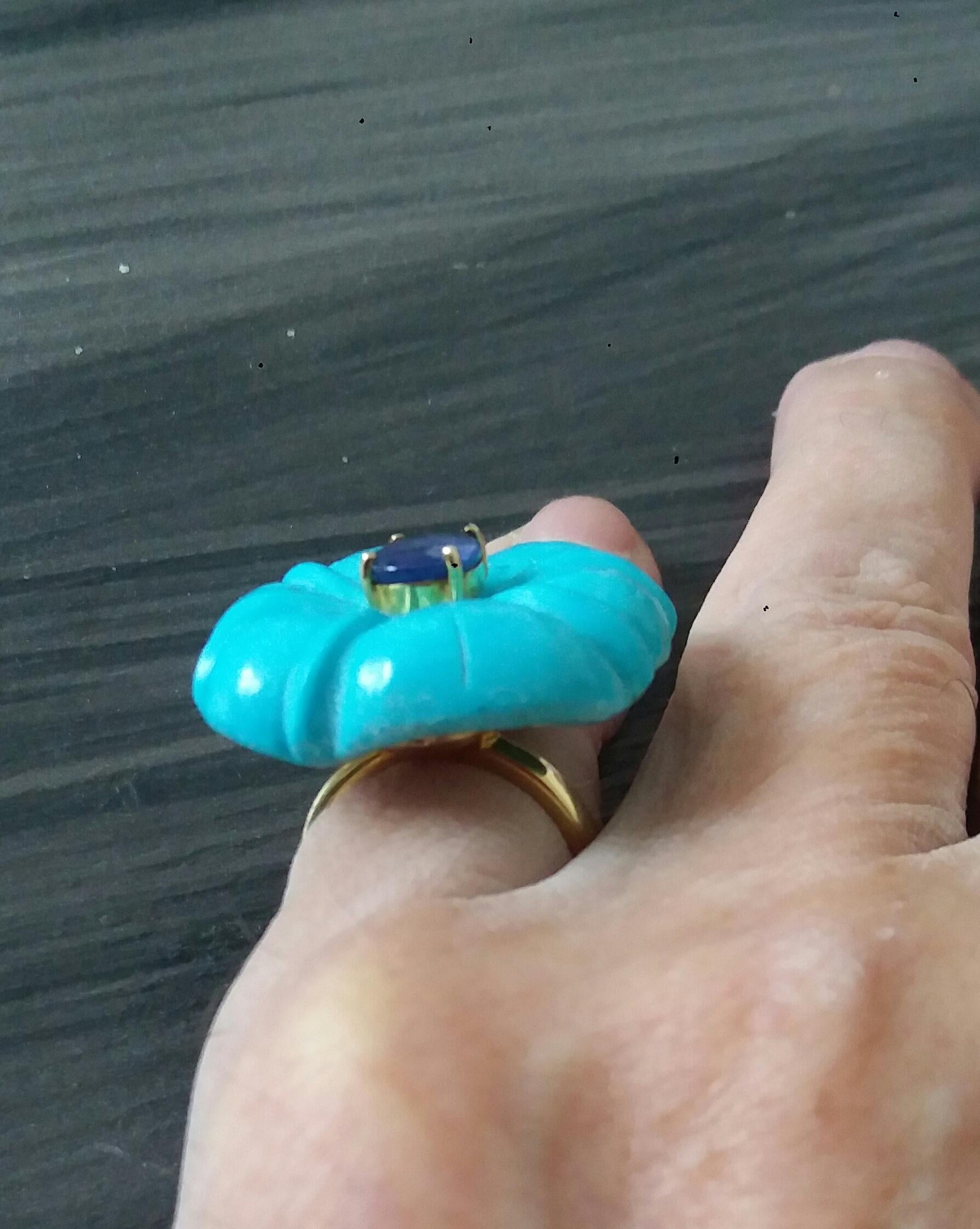 For Sale:  Genuine Turquoise Flower Oval Faceted Blue Sapphire Solid 14K Gold Fashion Ring 14