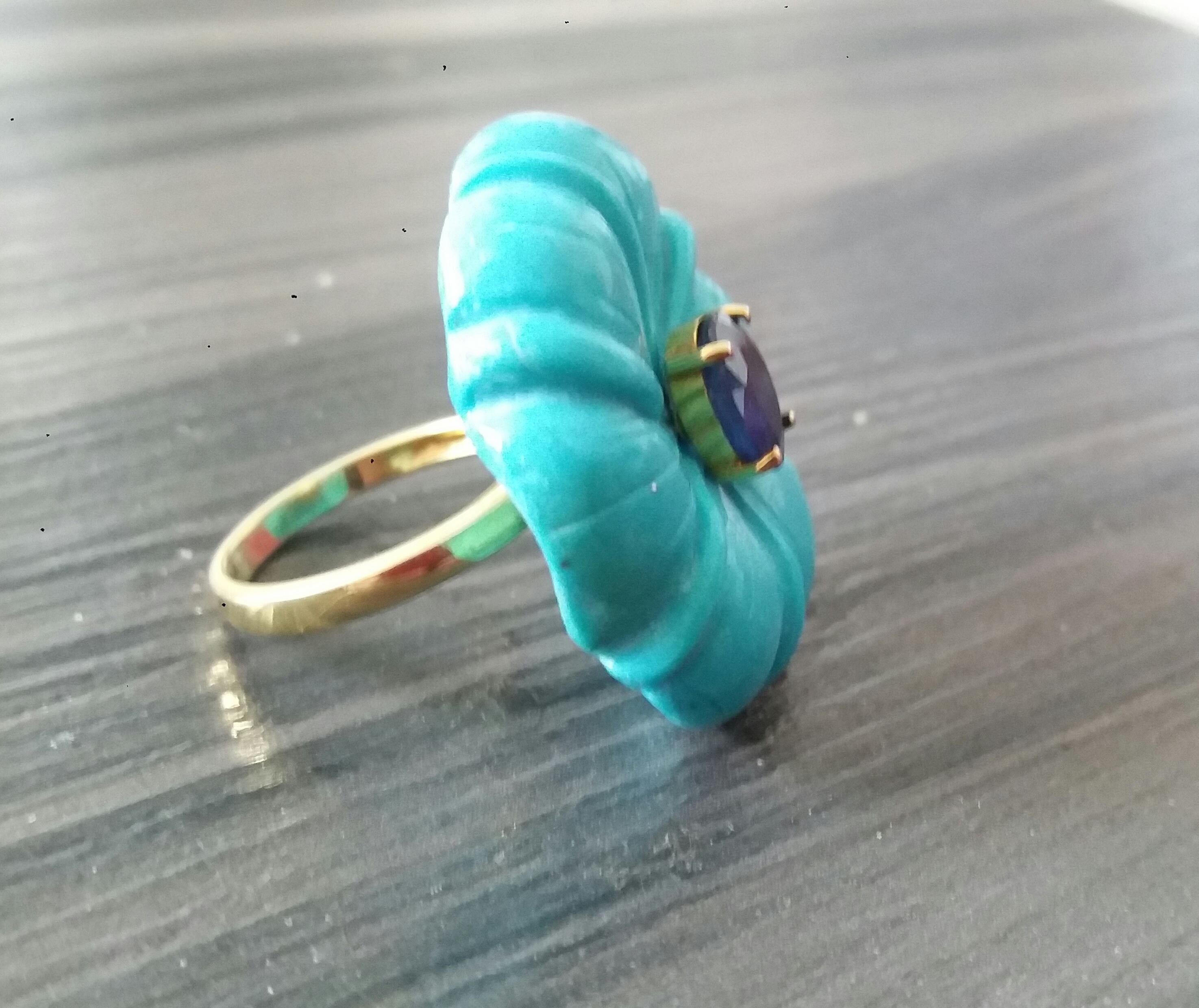 For Sale:  Genuine Turquoise Flower Oval Faceted Blue Sapphire Solid 14K Gold Fashion Ring 15