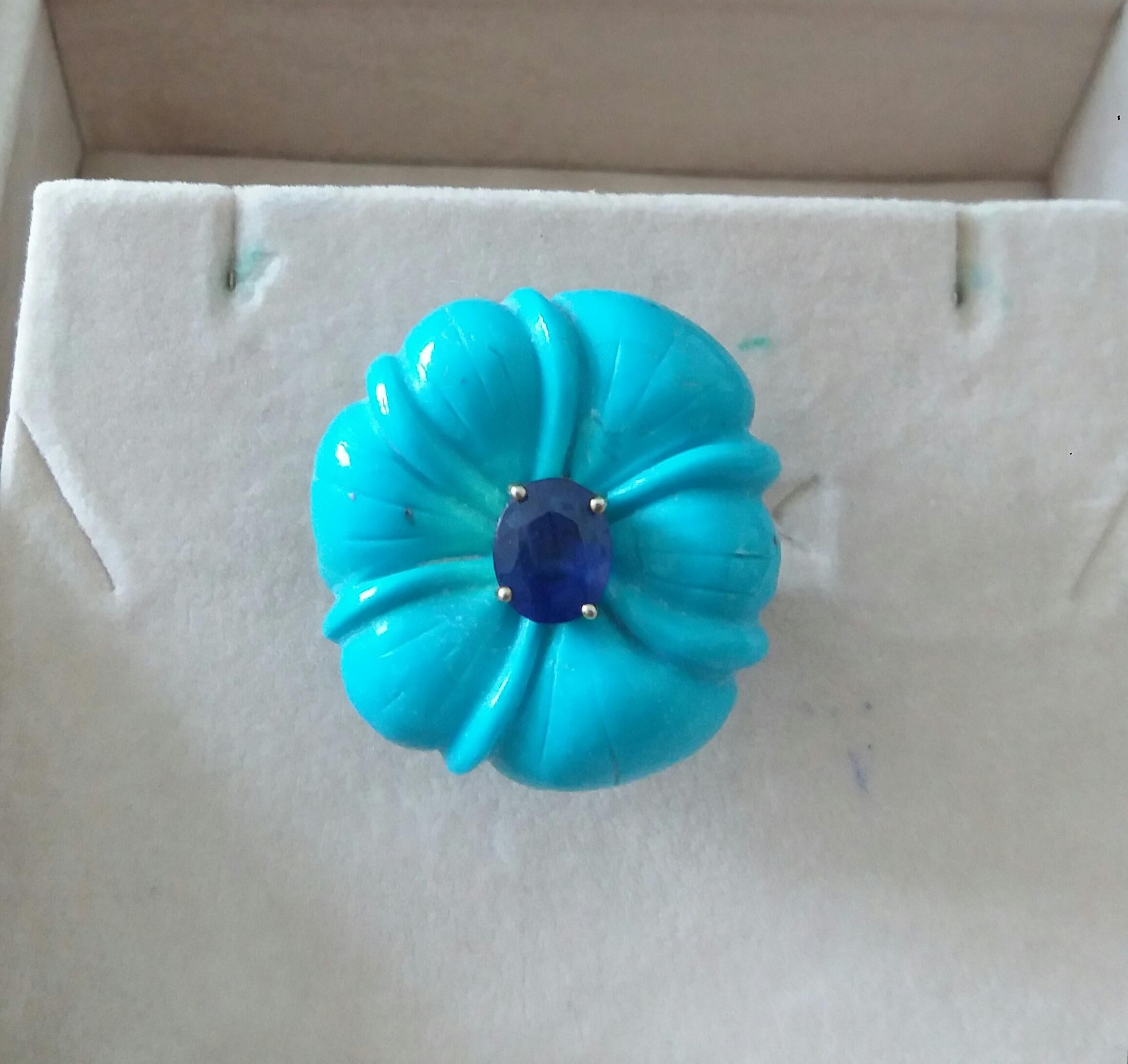 For Sale:  Genuine Turquoise Flower Oval Faceted Blue Sapphire Solid 14K Gold Fashion Ring 16