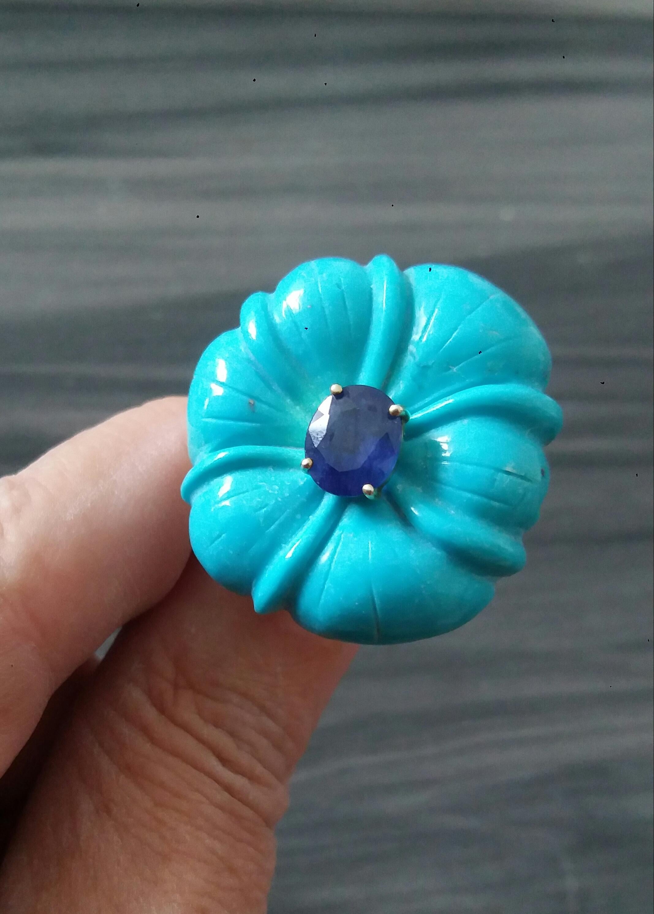 For Sale:  Genuine Turquoise Flower Oval Faceted Blue Sapphire Solid 14K Gold Fashion Ring 18