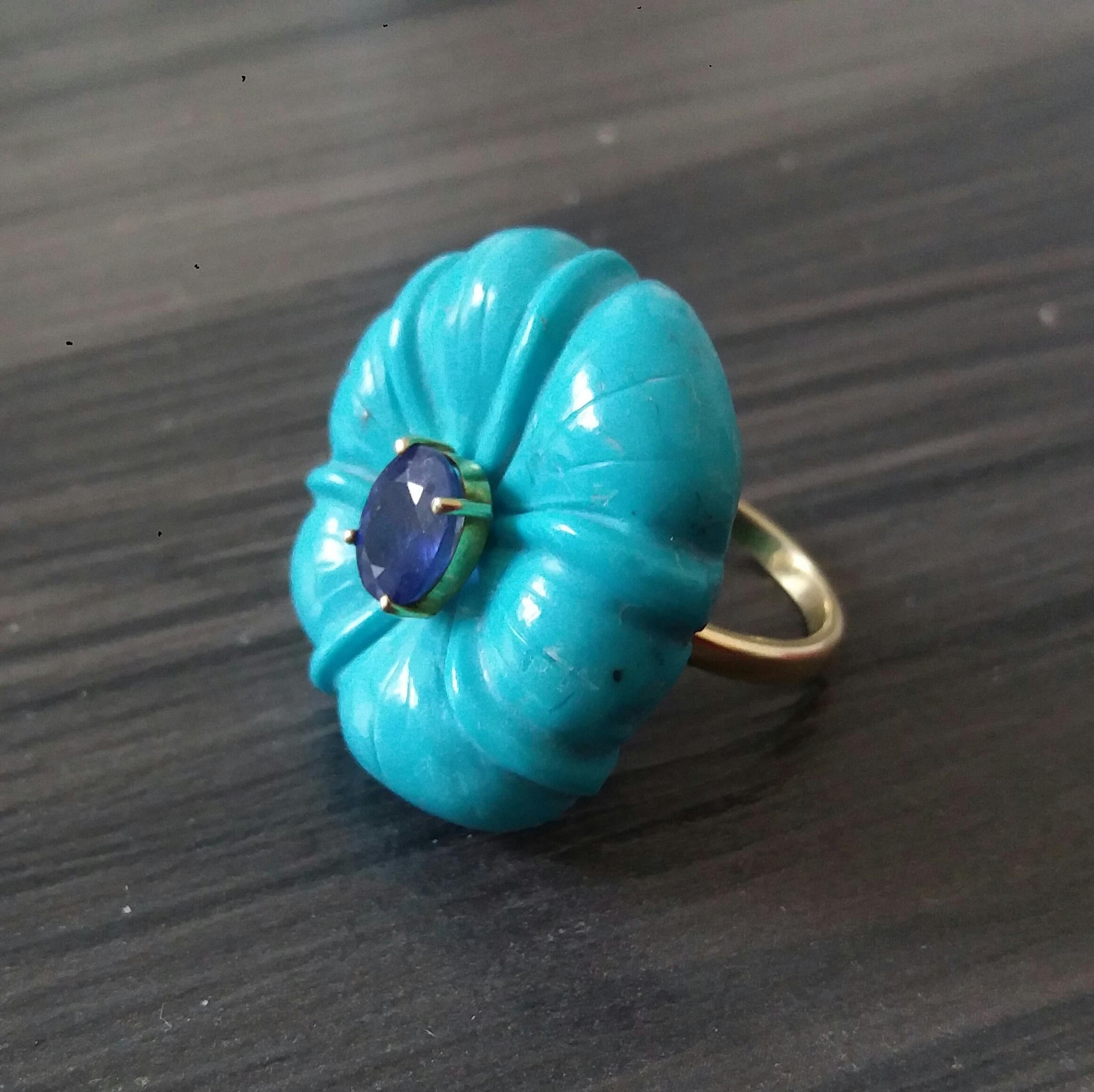 For Sale:  Genuine Turquoise Flower Oval Faceted Blue Sapphire Solid 14K Gold Fashion Ring 2