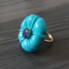 Genuine Turquoise Flower Oval Faceted Blue Sapphire Solid 14K Gold Fashion Ring