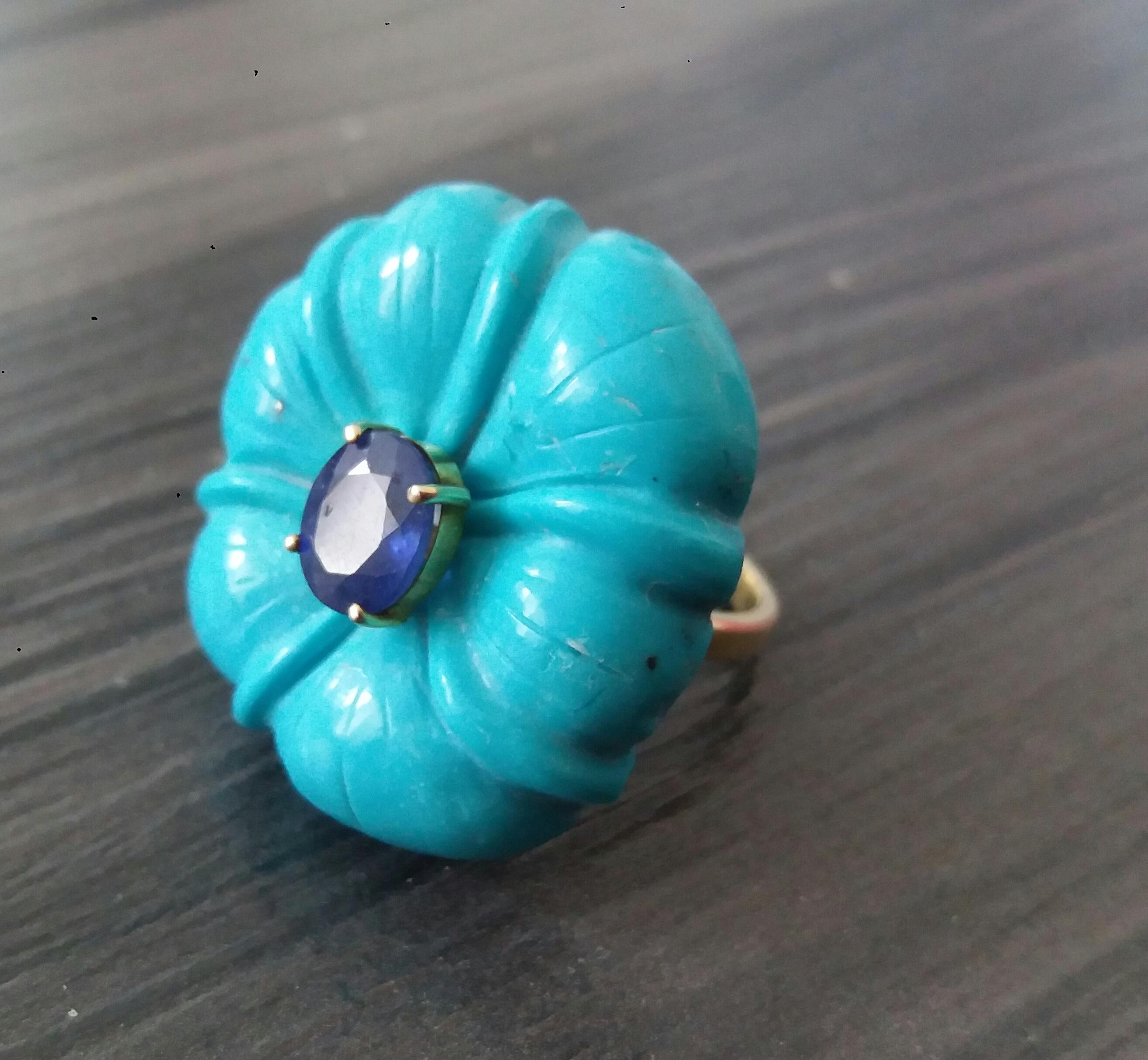 For Sale:  Genuine Turquoise Flower Oval Faceted Blue Sapphire Solid 14K Gold Fashion Ring 3