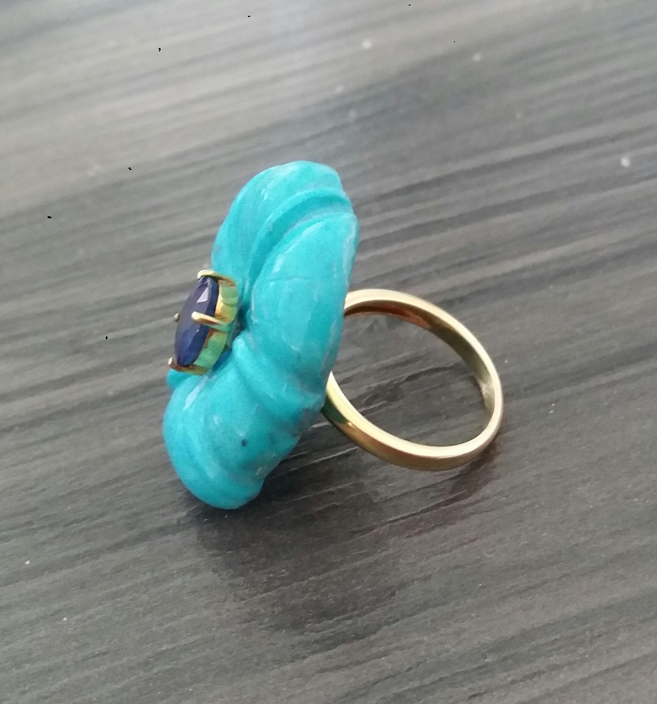 For Sale:  Genuine Turquoise Flower Oval Faceted Blue Sapphire Solid 14K Gold Fashion Ring 4