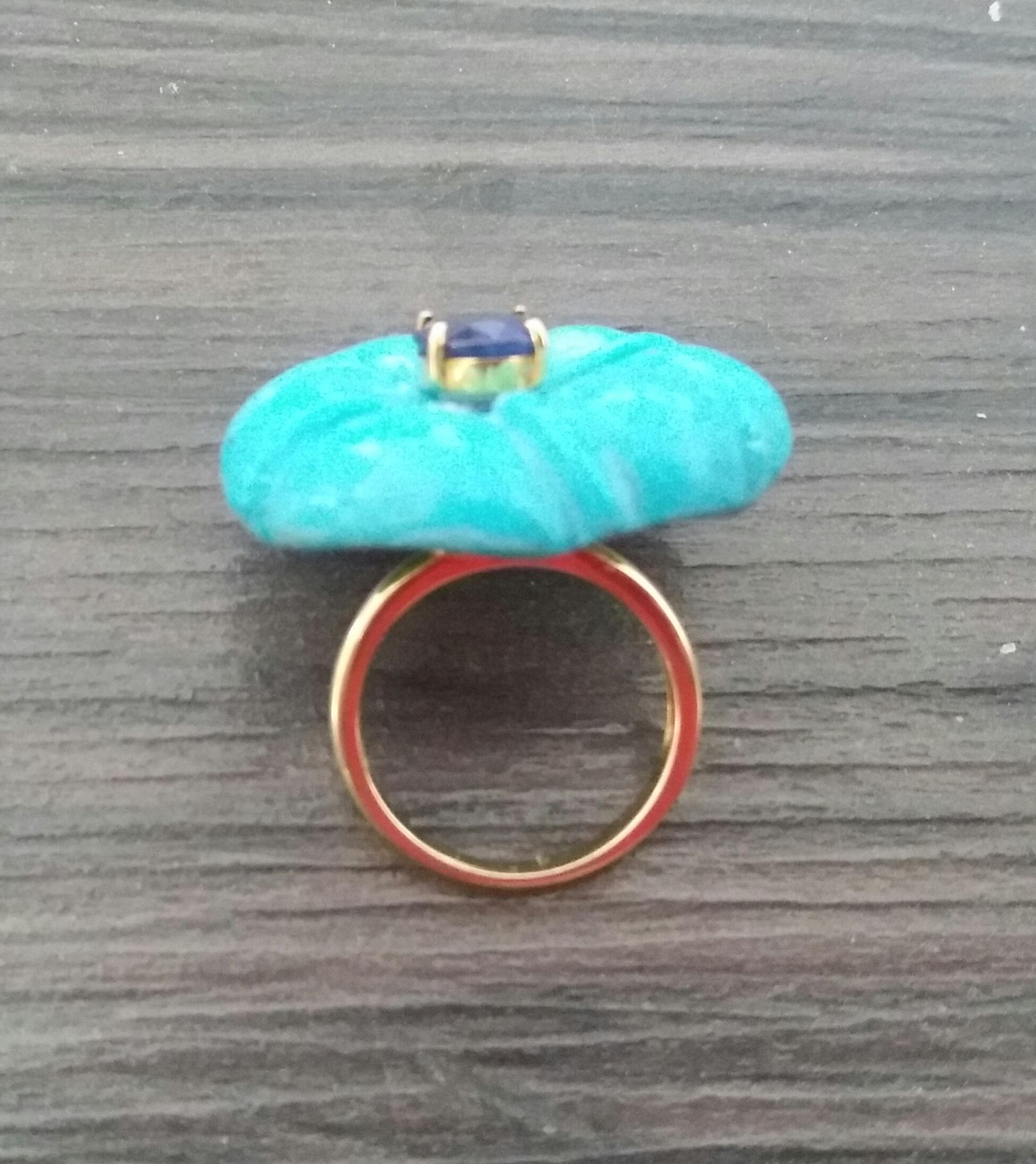 For Sale:  Genuine Turquoise Flower Oval Faceted Blue Sapphire Solid 14K Gold Fashion Ring 5