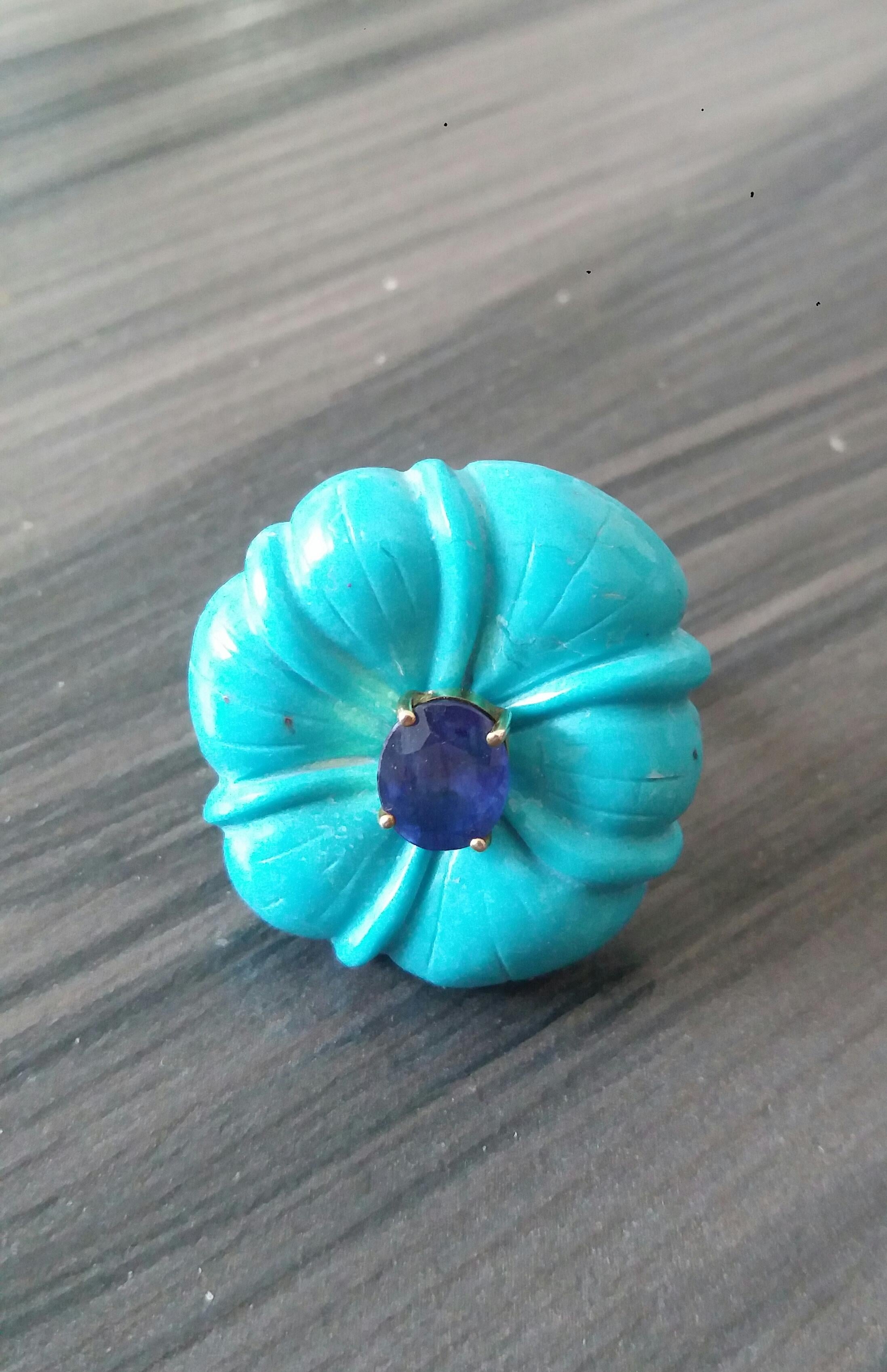 For Sale:  Genuine Turquoise Flower Oval Faceted Blue Sapphire Solid 14K Gold Fashion Ring 7