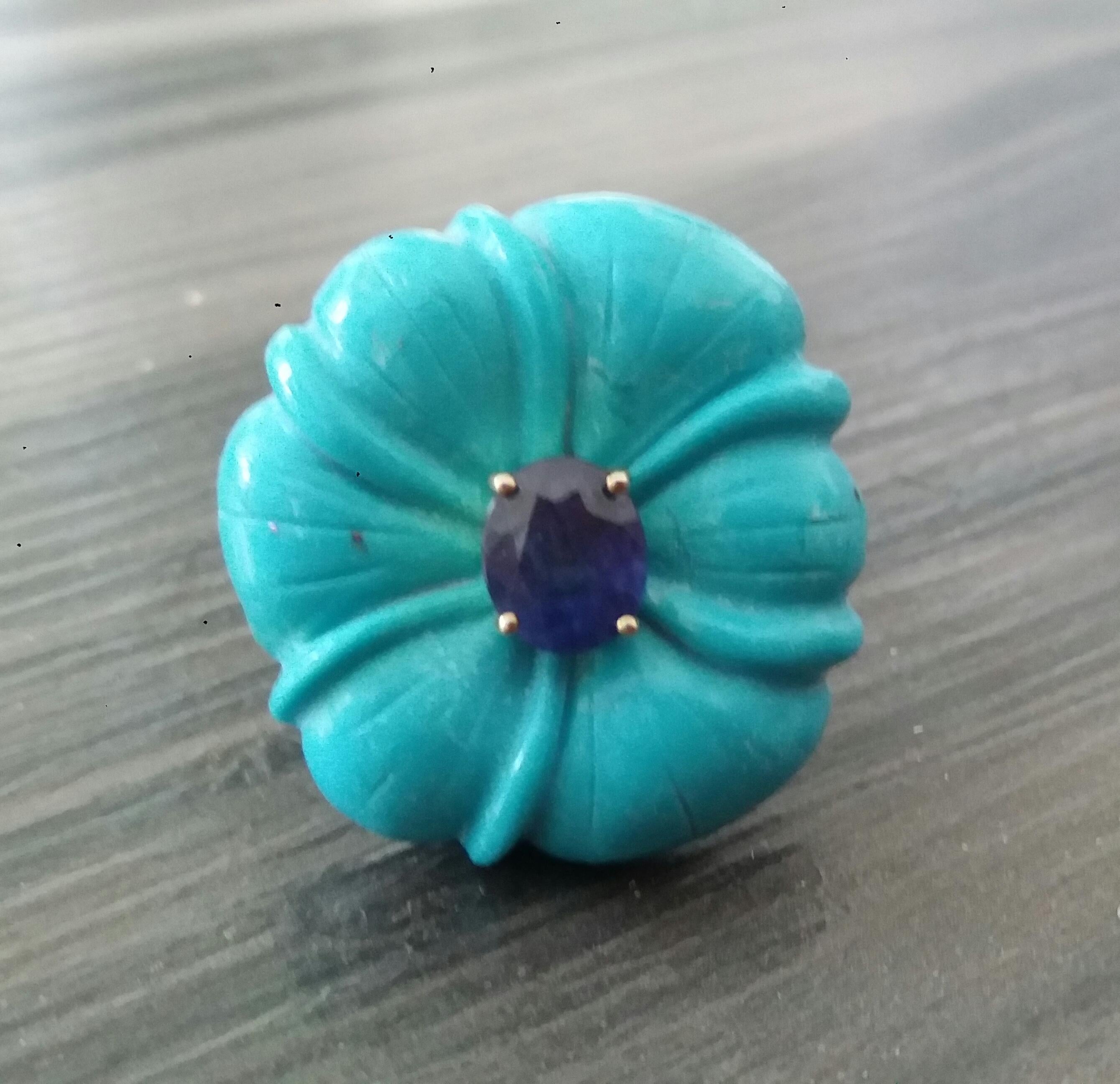 For Sale:  Genuine Turquoise Flower Oval Faceted Blue Sapphire Solid 14K Gold Fashion Ring 8