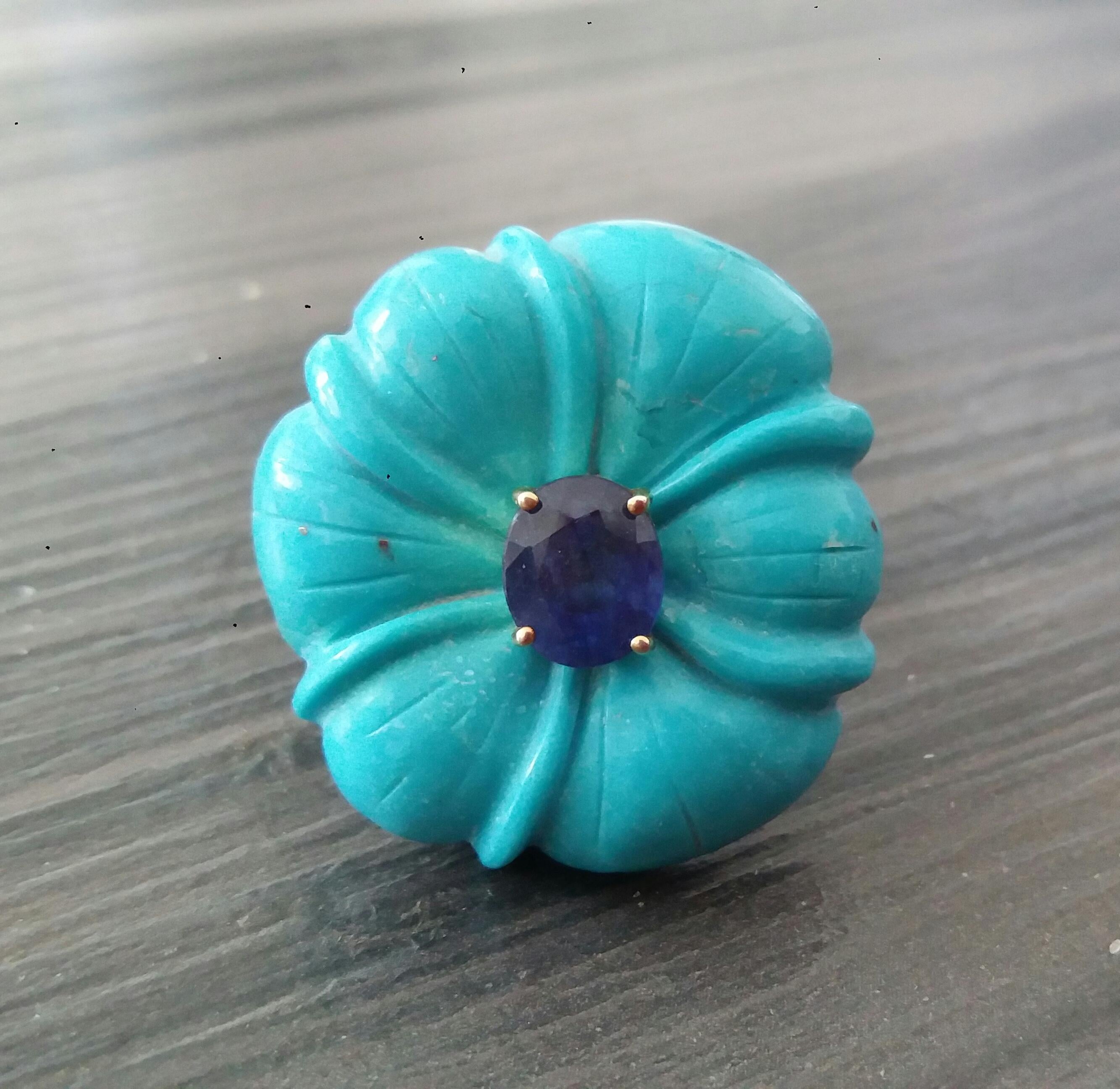 For Sale:  Genuine Turquoise Flower Oval Faceted Blue Sapphire Solid 14K Gold Fashion Ring 9