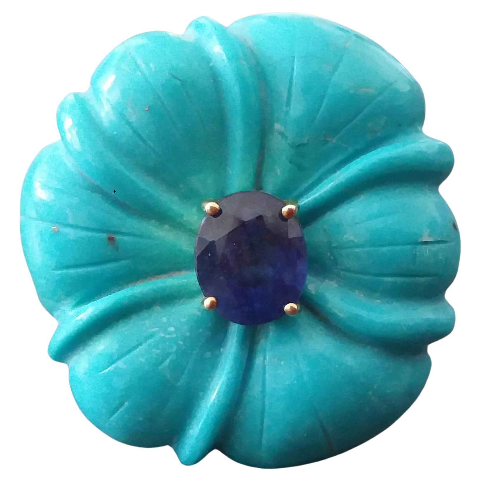 For Sale:  Genuine Turquoise Flower Oval Faceted Blue Sapphire Solid 14K Gold Fashion Ring