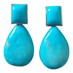 Genuine Turquoise Rectangular Cabs Turquoise Plain Drops 14k Solid Yellow Gold