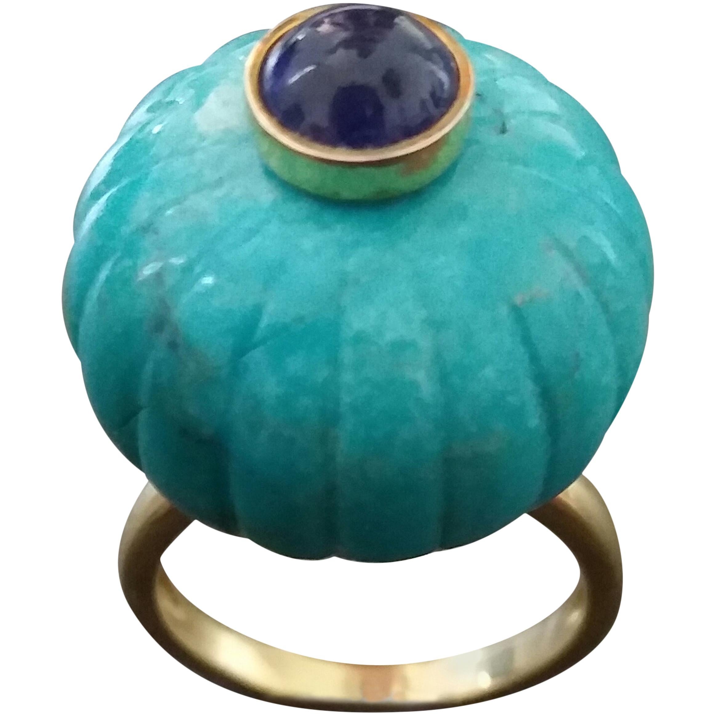 Echter Türkis Turban Ring Blauer Saphir Cabochon 14 Karat Massiv Gelbgold