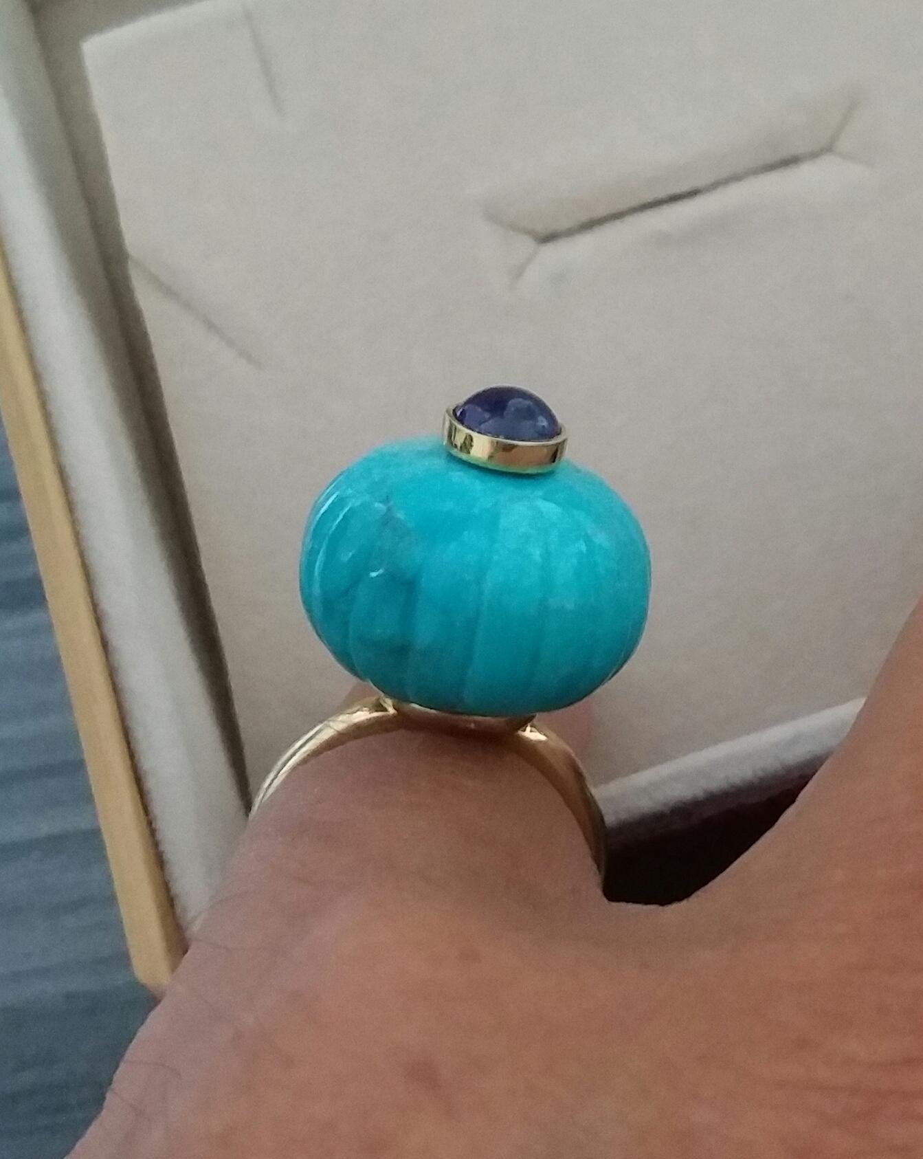 Genuine Turquoise Turban Ring Blue Sapphire Cabochon 14 Karat Solid Yellow Gold For Sale 3