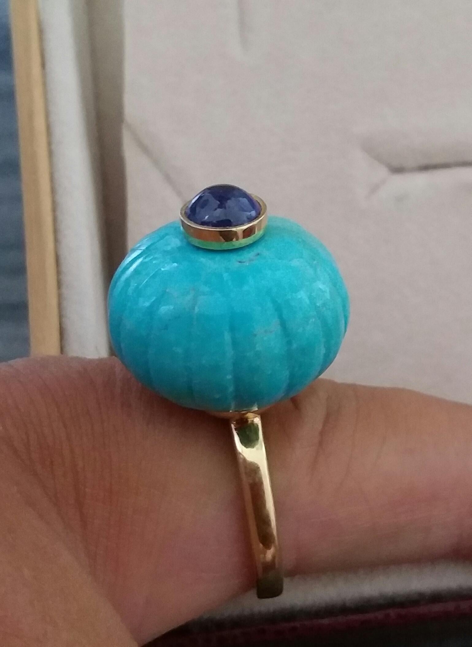 Genuine Turquoise Turban Ring Blue Sapphire Cabochon 14 Karat Solid Yellow Gold For Sale 4