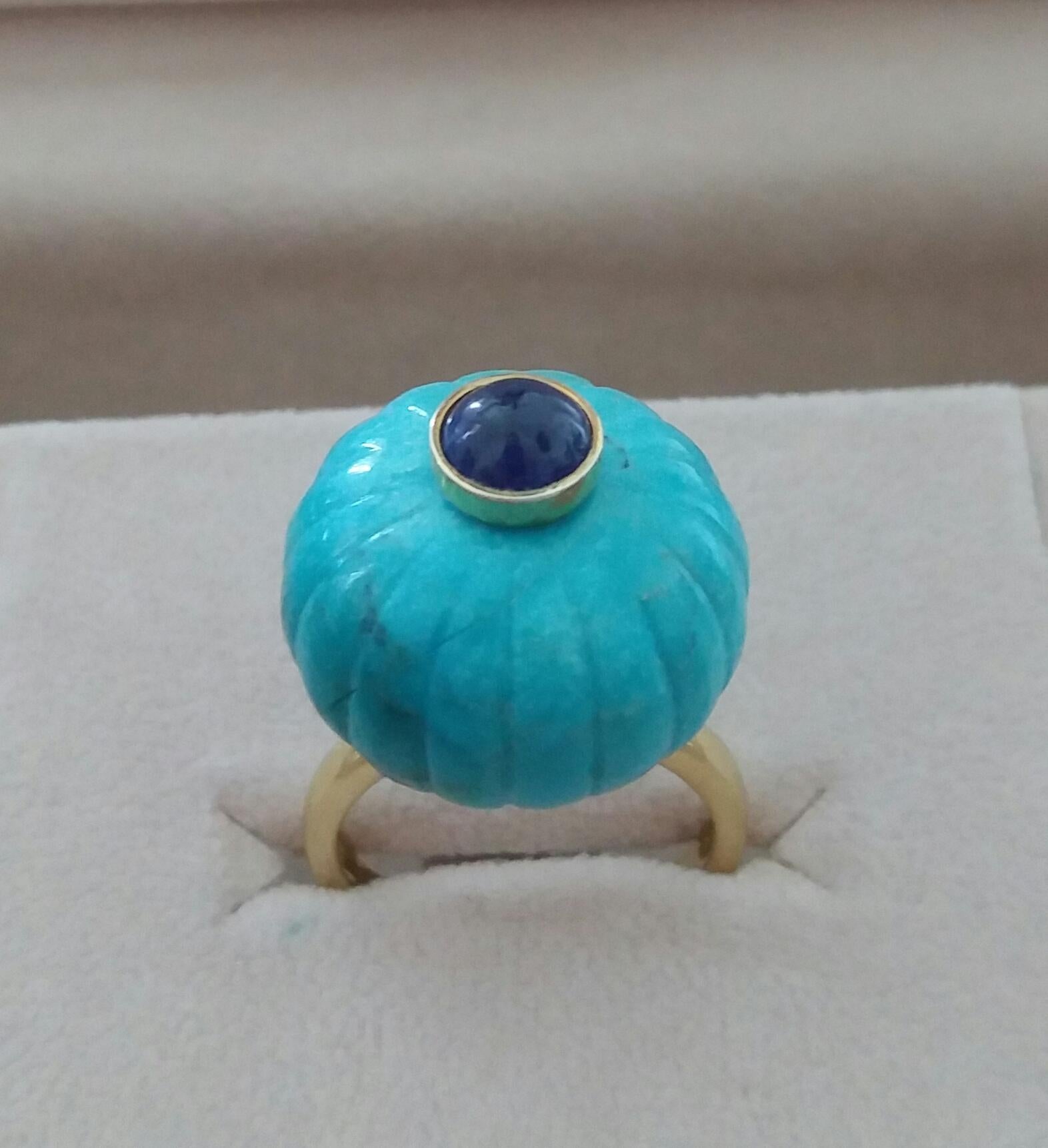 Melon cut Turquoise Round Bead  of 20 mm. in diameter and 14 mm. thick with in the center a round Blue Sapphire cabochon of 7 mm. in diameter  is mounted on top of a 14 Kt. yellow gold shank.
In 1978 our workshop started in Italy to make simple-chic