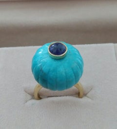 Genuine Turquoise Turban Ring Blue Sapphire Cabochon 14 Karat Solid Yellow Gold