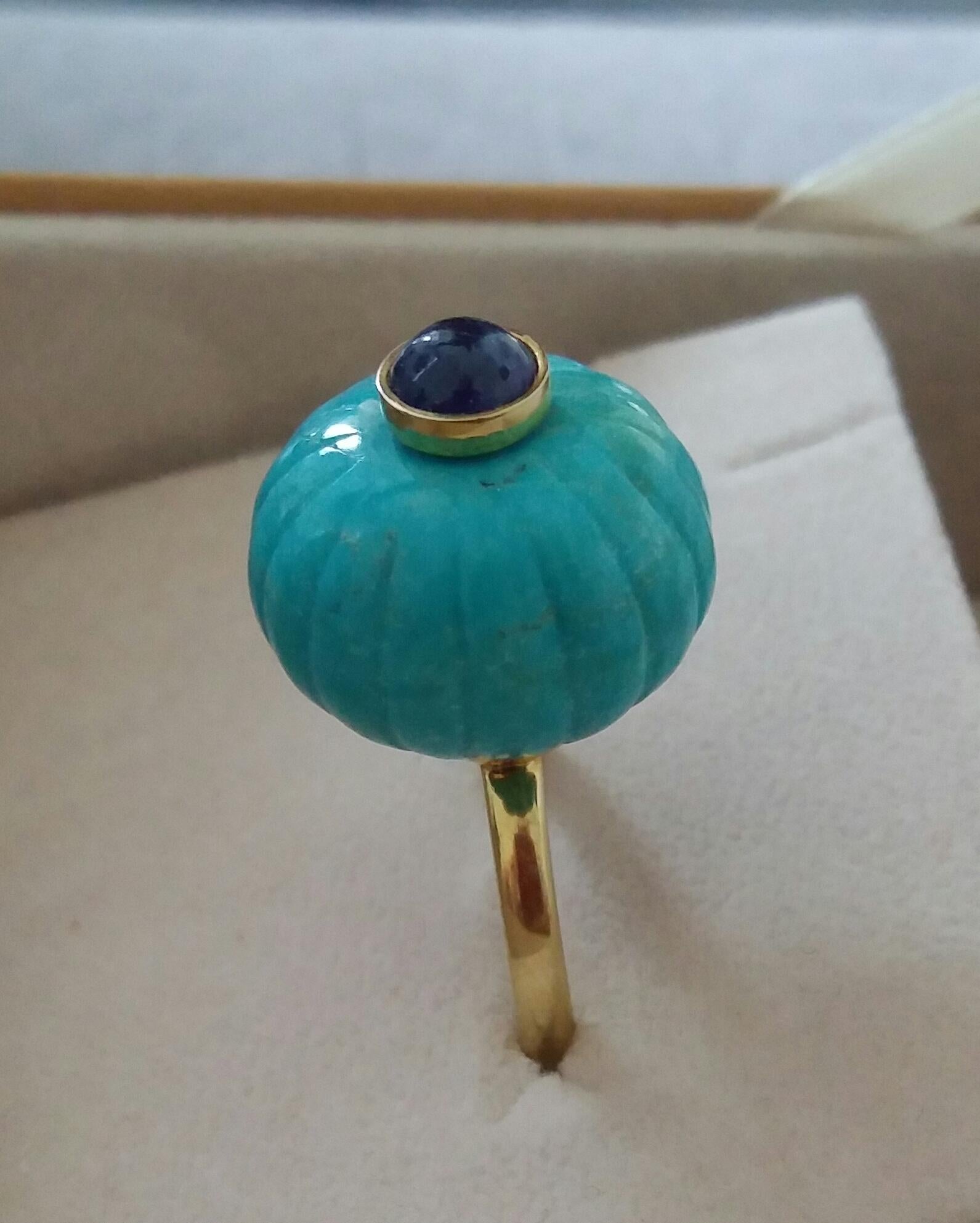 Contemporary Genuine Turquoise Turban Ring Blue Sapphire Cabochon 14 Karat Solid Yellow Gold For Sale