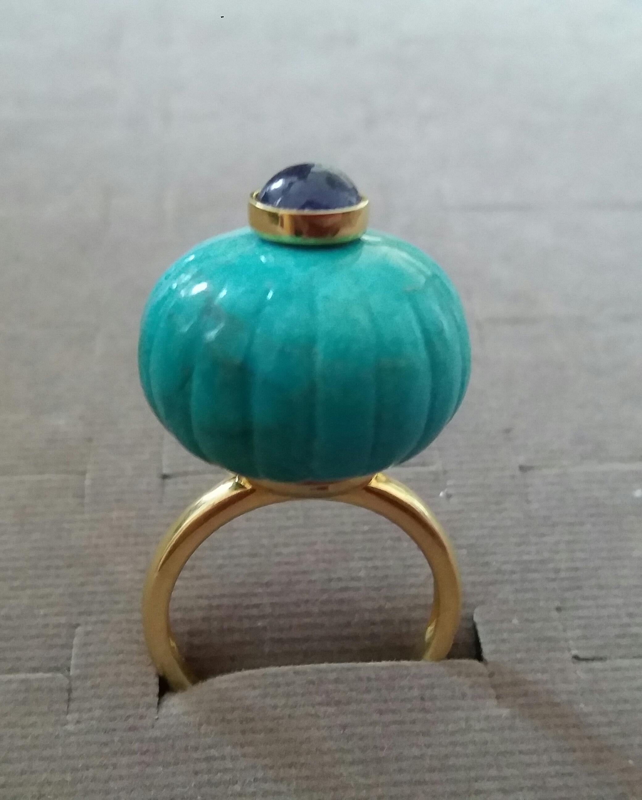 Bead Genuine Turquoise Turban Ring Blue Sapphire Cabochon 14 Karat Solid Yellow Gold For Sale