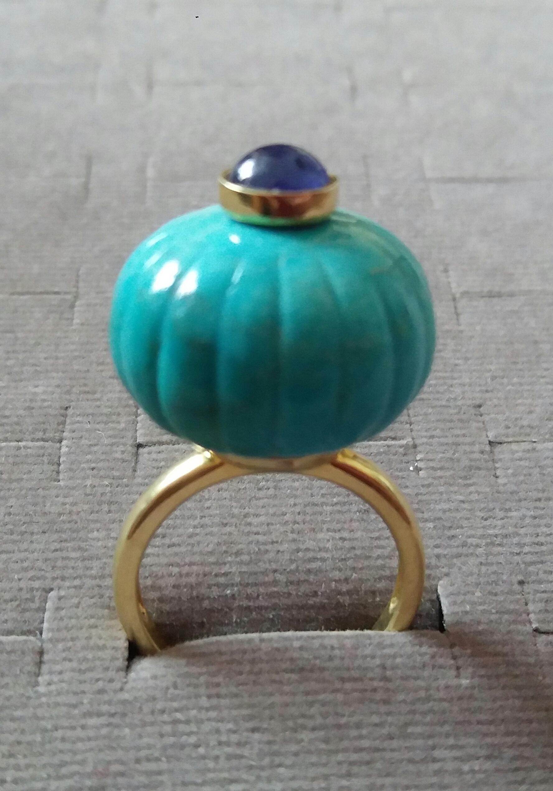 Genuine Turquoise Turban Ring Blue Sapphire Cabochon 14 Karat Solid Yellow Gold In Excellent Condition For Sale In Bangkok, TH