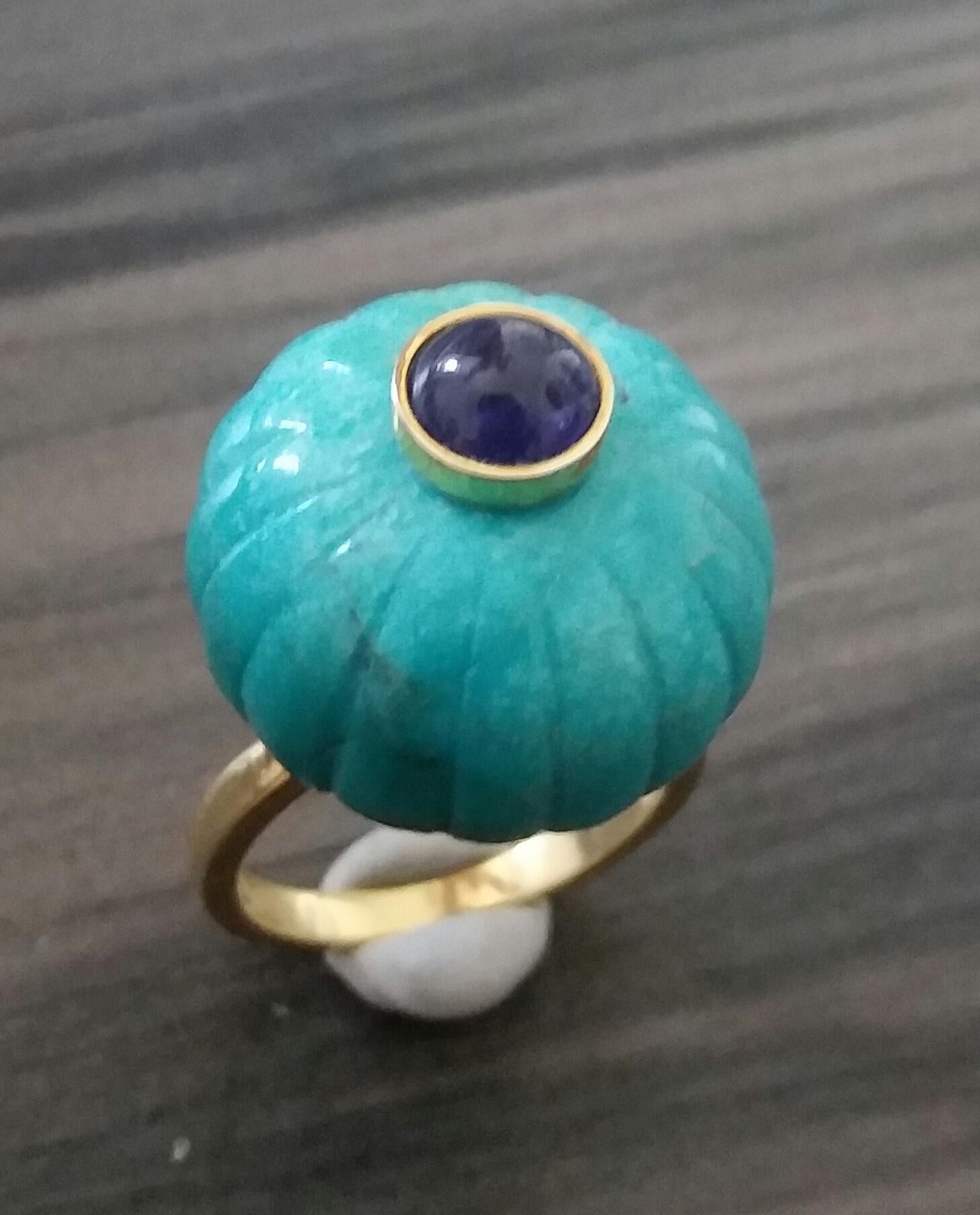 Women's Genuine Turquoise Turban Ring Blue Sapphire Cabochon 14 Karat Solid Yellow Gold For Sale