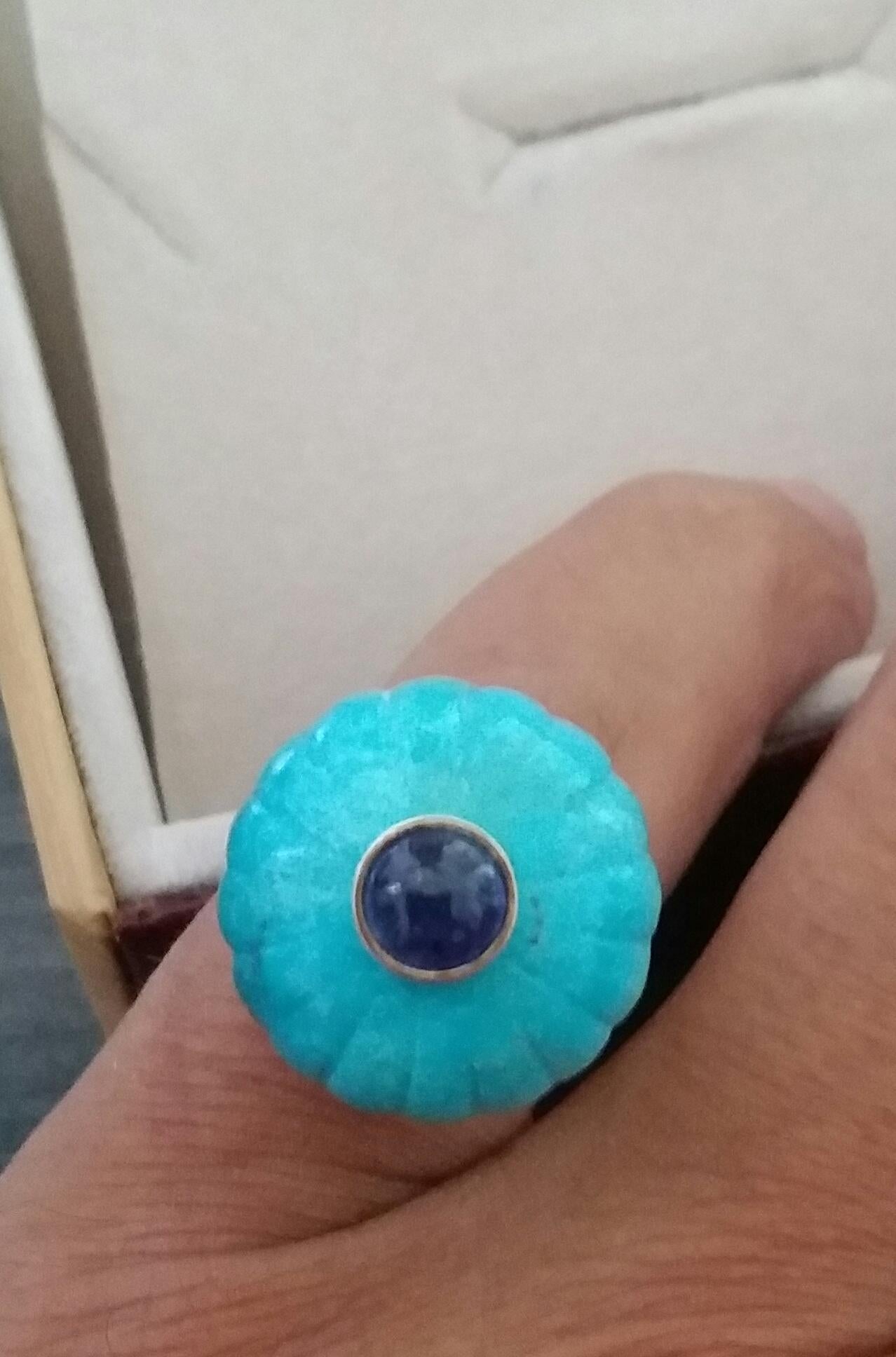 Genuine Turquoise Turban Ring Blue Sapphire Cabochon 14 Karat Solid Yellow Gold For Sale 2