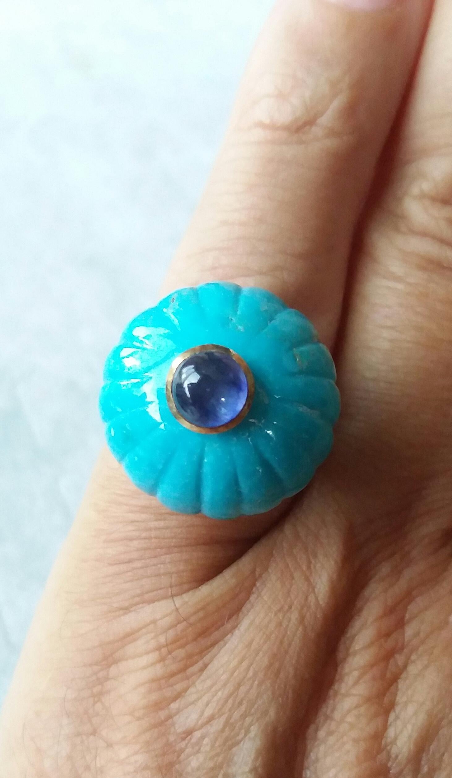 Art Deco Genuine Turquoise Carved Ball Blue Sapphire Cab 14k Yellow Gold Cocktail Ring For Sale