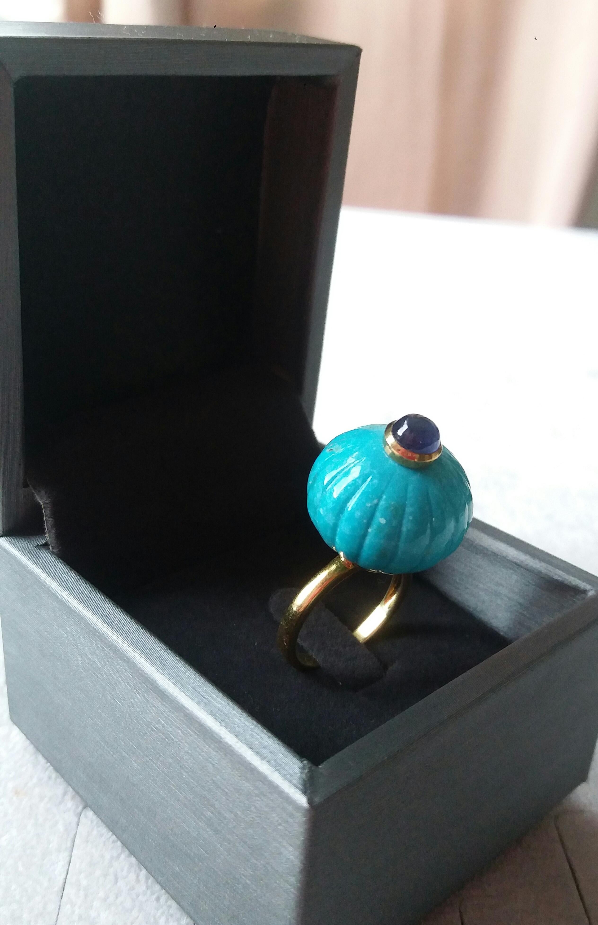 Women's Genuine Turquoise Carved Ball Blue Sapphire Cab 14k Yellow Gold Cocktail Ring For Sale