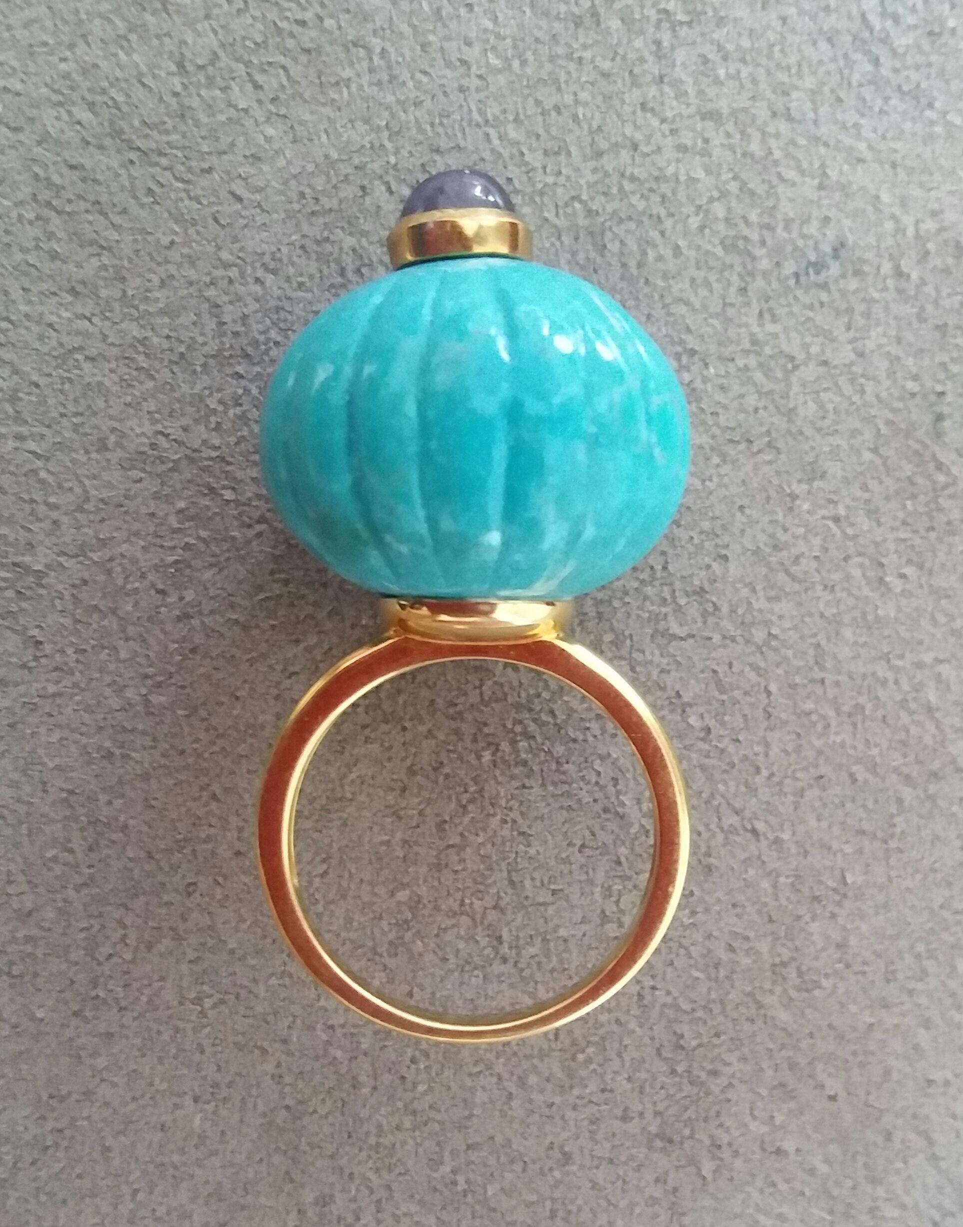 Genuine Turquoise Carved Ball Blue Sapphire Cab 14k Yellow Gold Cocktail Ring For Sale 2