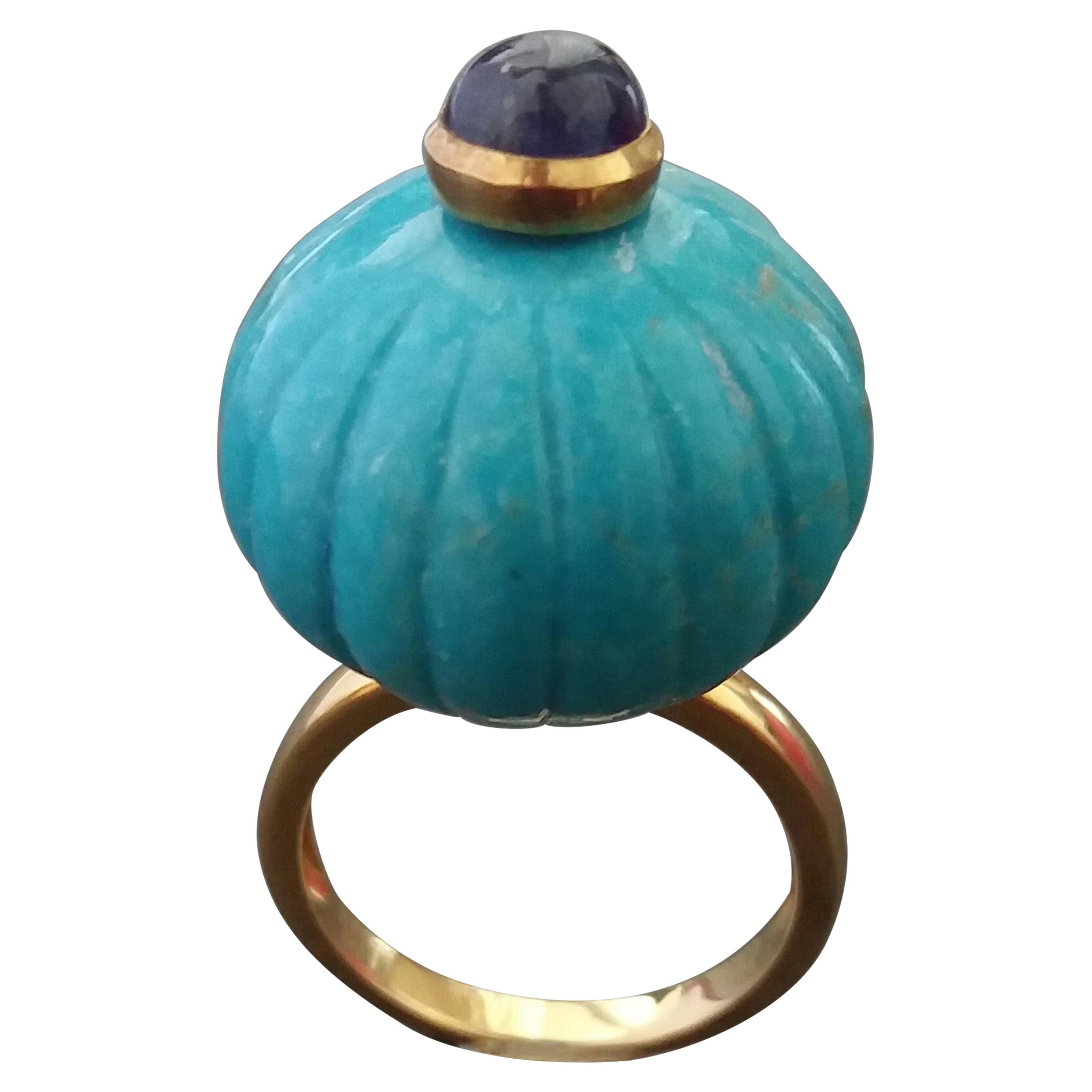 Genuine Turquoise Carved Ball Blue Sapphire Cab 14k Yellow Gold Cocktail Ring For Sale