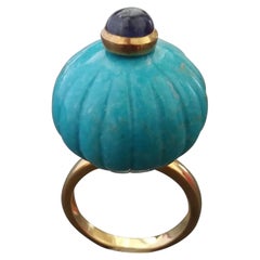 Genuine Turquoise Carved Ball Blue Sapphire Cab 14k Yellow Gold Cocktail Ring