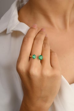 Genuine Two Stone Emerald Toi Et Moi Open Ring in 14k Solid Yellow Gold for Her