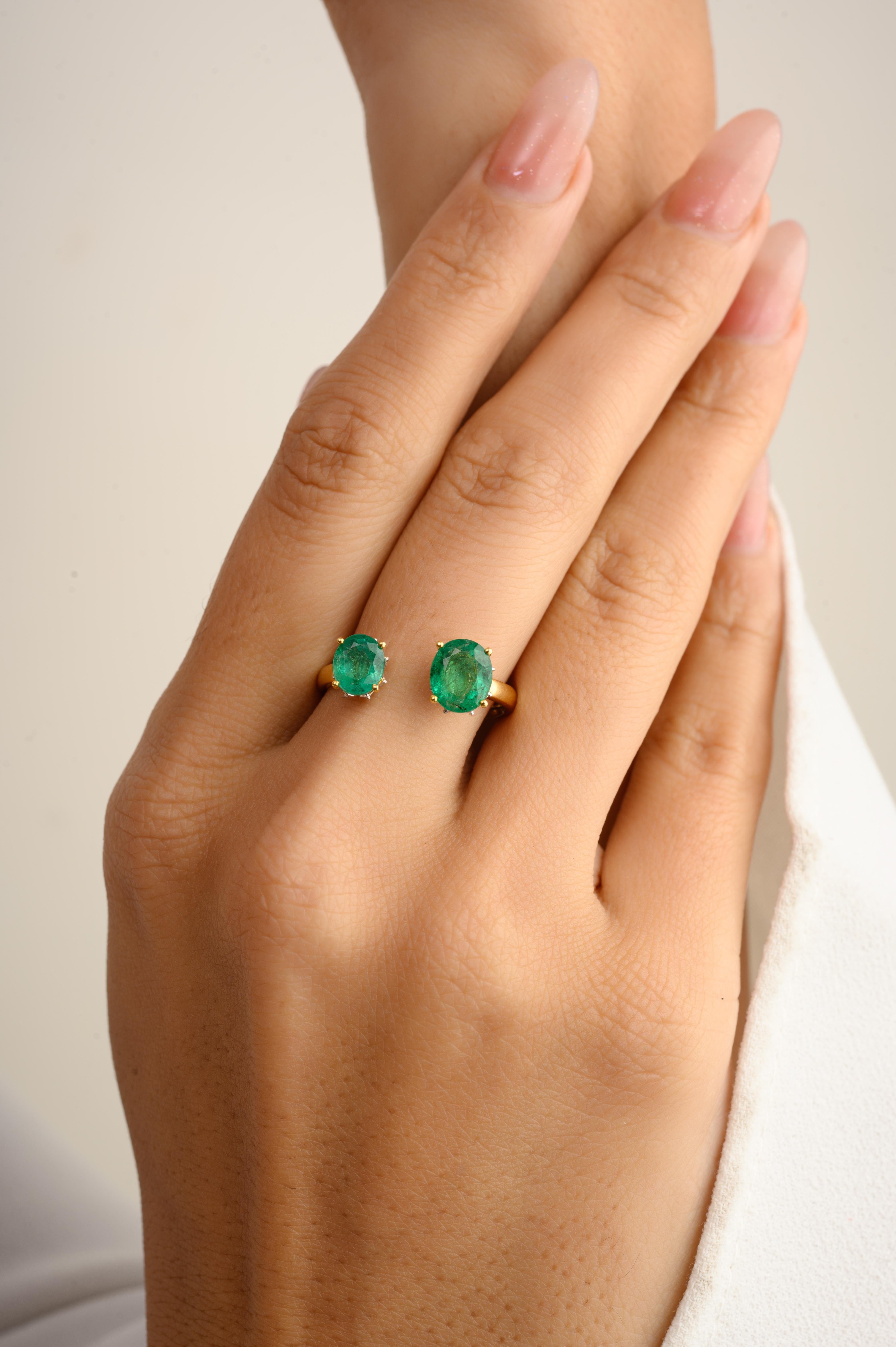 Im Angebot: Echte zwei Stein Smaragd Toi Et Moi Open Ring in 14k massivem Gelbgold für Sie () 4