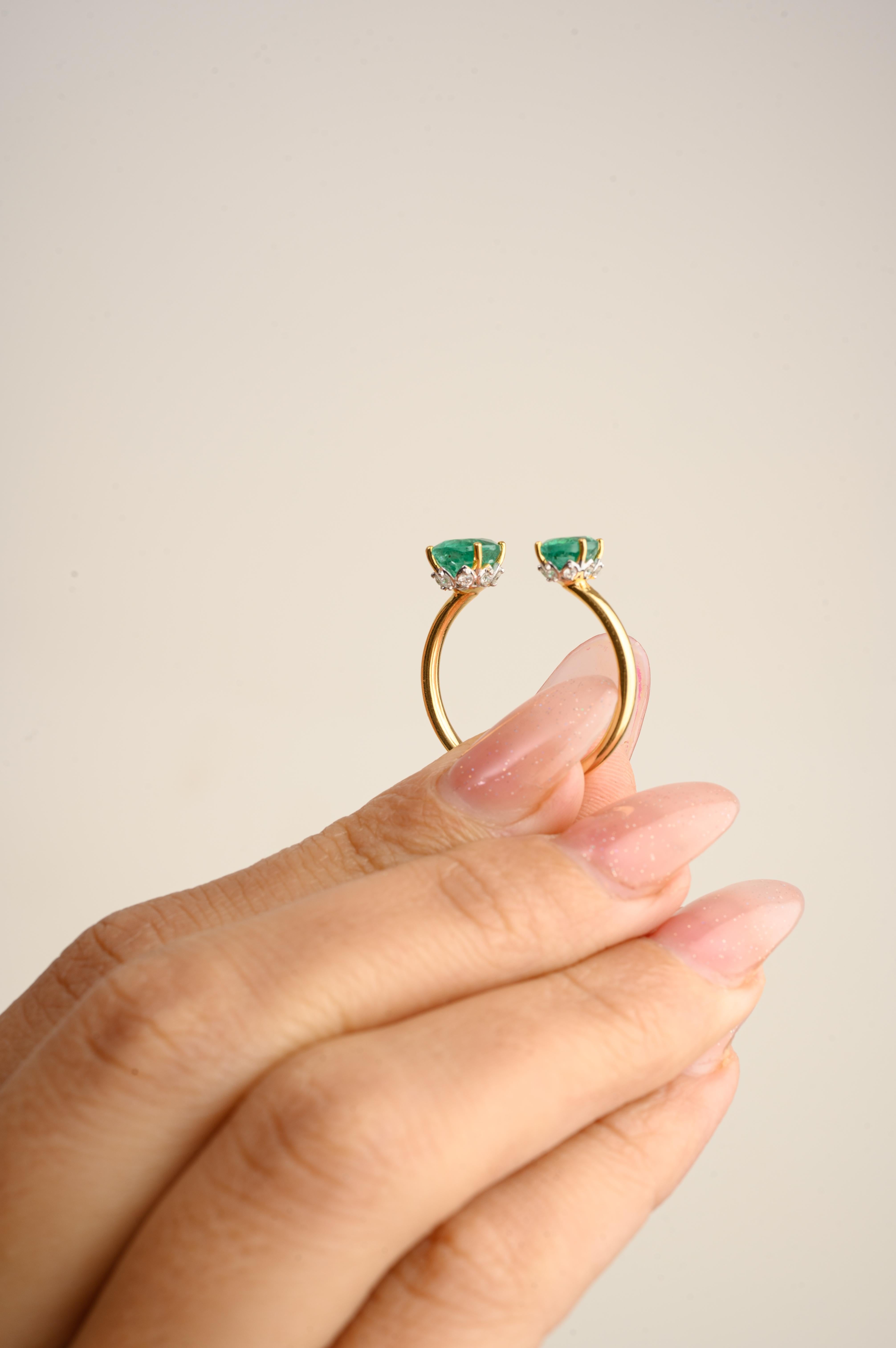 Im Angebot: Echte zwei Stein Smaragd Toi Et Moi Open Ring in 14k massivem Gelbgold für Sie () 6