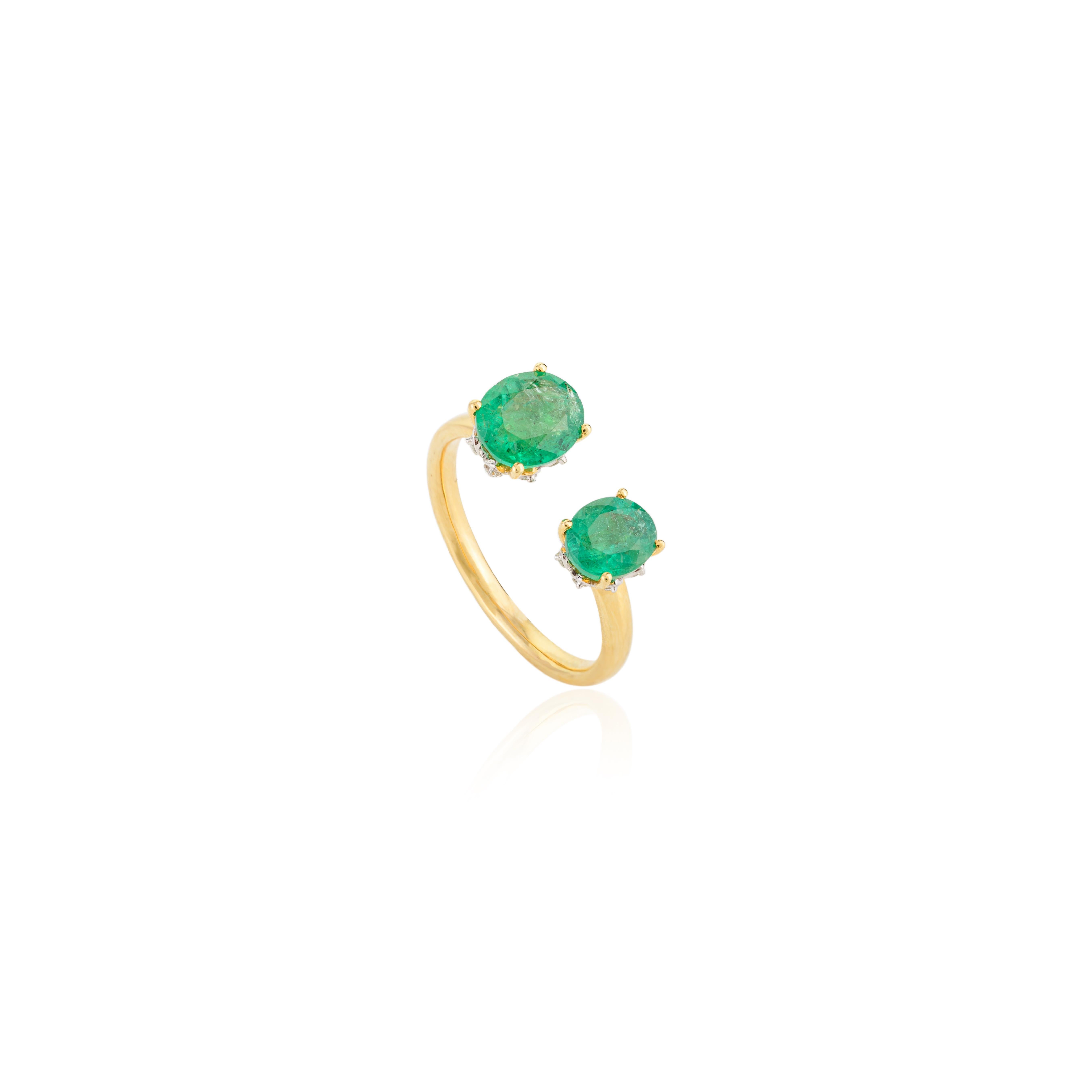 Im Angebot: Echte zwei Stein Smaragd Toi Et Moi Open Ring in 14k massivem Gelbgold für Sie () 7
