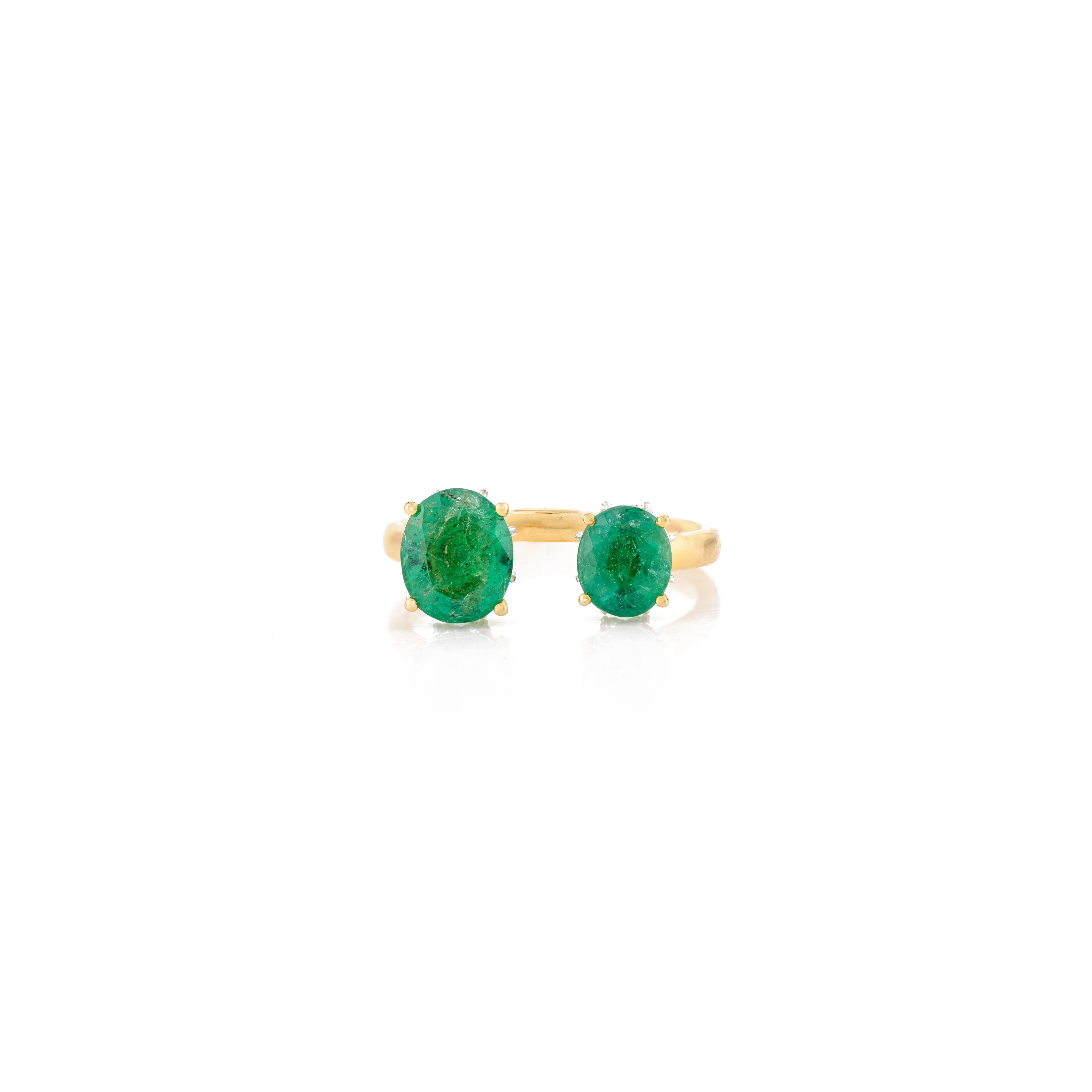Im Angebot: Echte zwei Stein Smaragd Toi Et Moi Open Ring in 14k massivem Gelbgold für Sie () 8