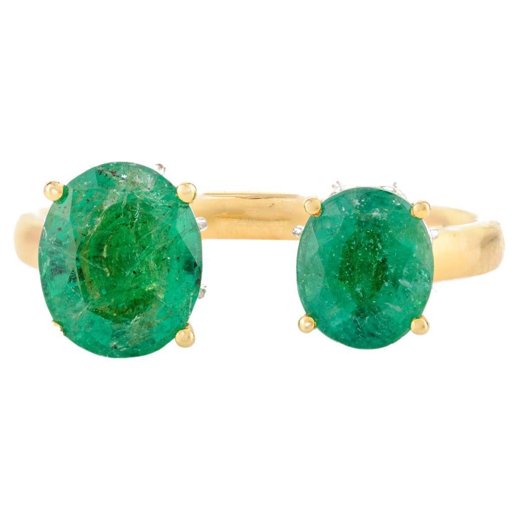 Genuine Two Stone Emerald Toi Et Moi Open Ring in 14k Solid Yellow Gold for Her