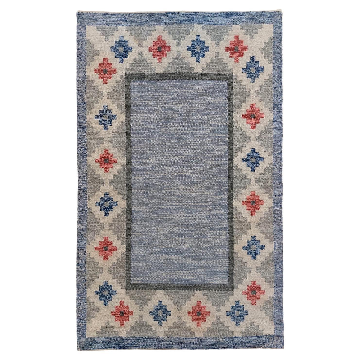Genuine Vintage Scandinavian Flat Weaved Kilim Rug Signed JR, 1950s