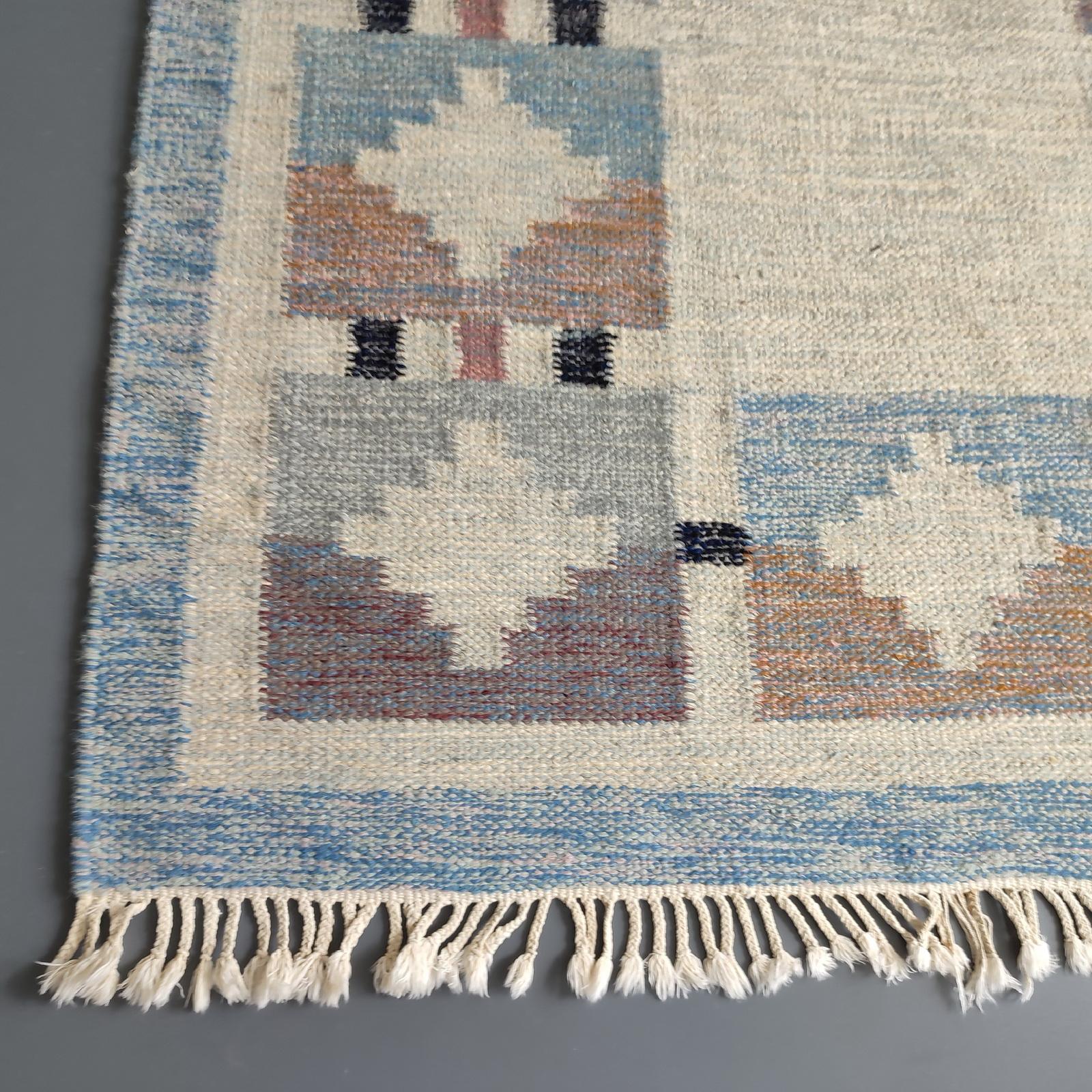 Wool Genuine Vintage Swedish Kilim Rug, Geometric Design, attr. Karin Jönsson 1950s For Sale