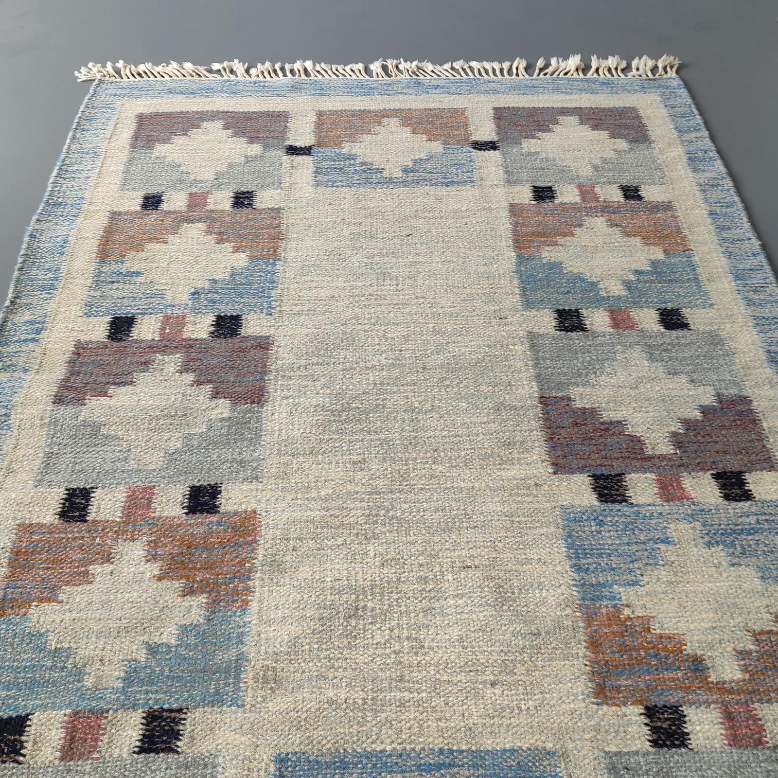 Hand-Knotted Genuine Vintage Swedish Kilim Rug, Geometric Design, attr. Karin Jönsson 1950s For Sale