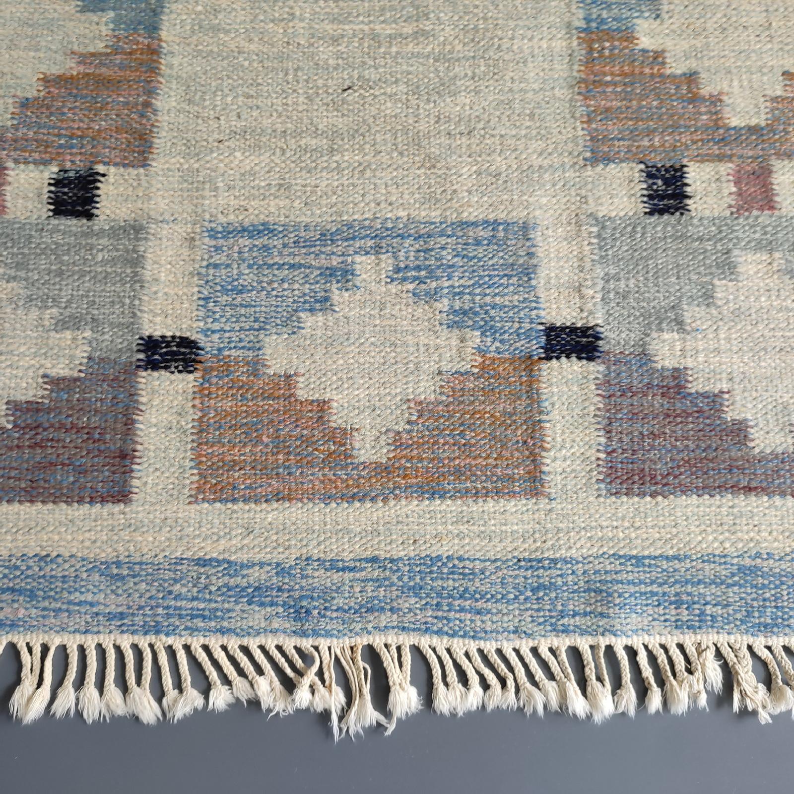 Wool Genuine Vintage Swedish Kilim Rug, Geometric Design, attr. Karin Jönsson 1950s For Sale