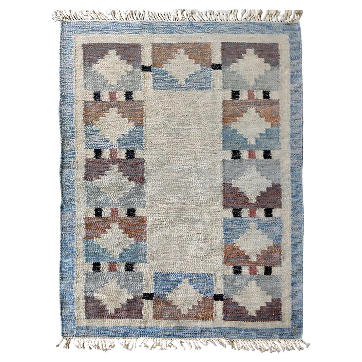 Genuine Vintage Swedish Kilim Rug, Geometric Design, attr. Karin Jönsson 1950s For Sale