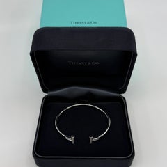Genuine Vintage Tiffany & Co 18k White Gold Diamond T Wire Bangle Cuff Bracelet