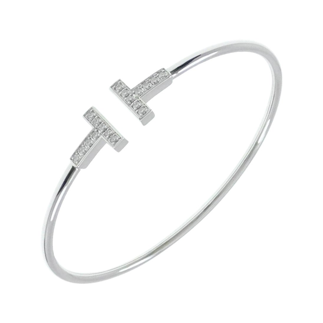 Genuine Vintage Tiffany & Co 18k White Gold Diamond T Wire Bangle Cuff Bracelet