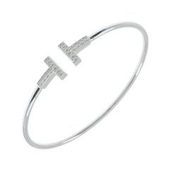 Genuine Vintage Tiffany & Co 18k White Gold Diamond T Wire Bangle Cuff Bracelet