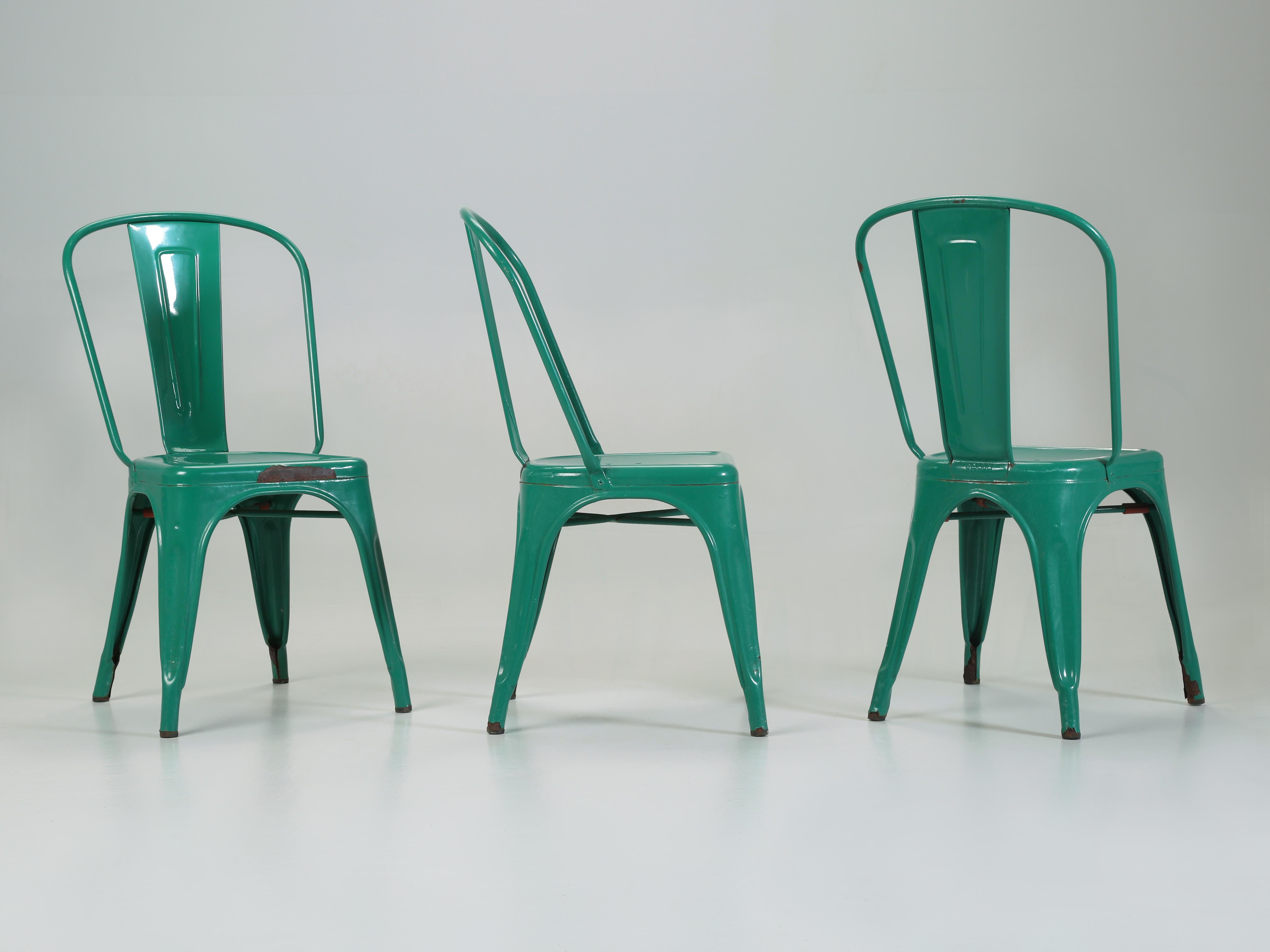 Genuine Set of (6) French Hand-Made Vintage Tolix Steel Stacking Chairs in distressed Envy Green Paint. Currently we stock over 1000 pieces of French Made Tolix Steel Stacking Chairs, Stacking Stools in three different heights and of course Tolix
