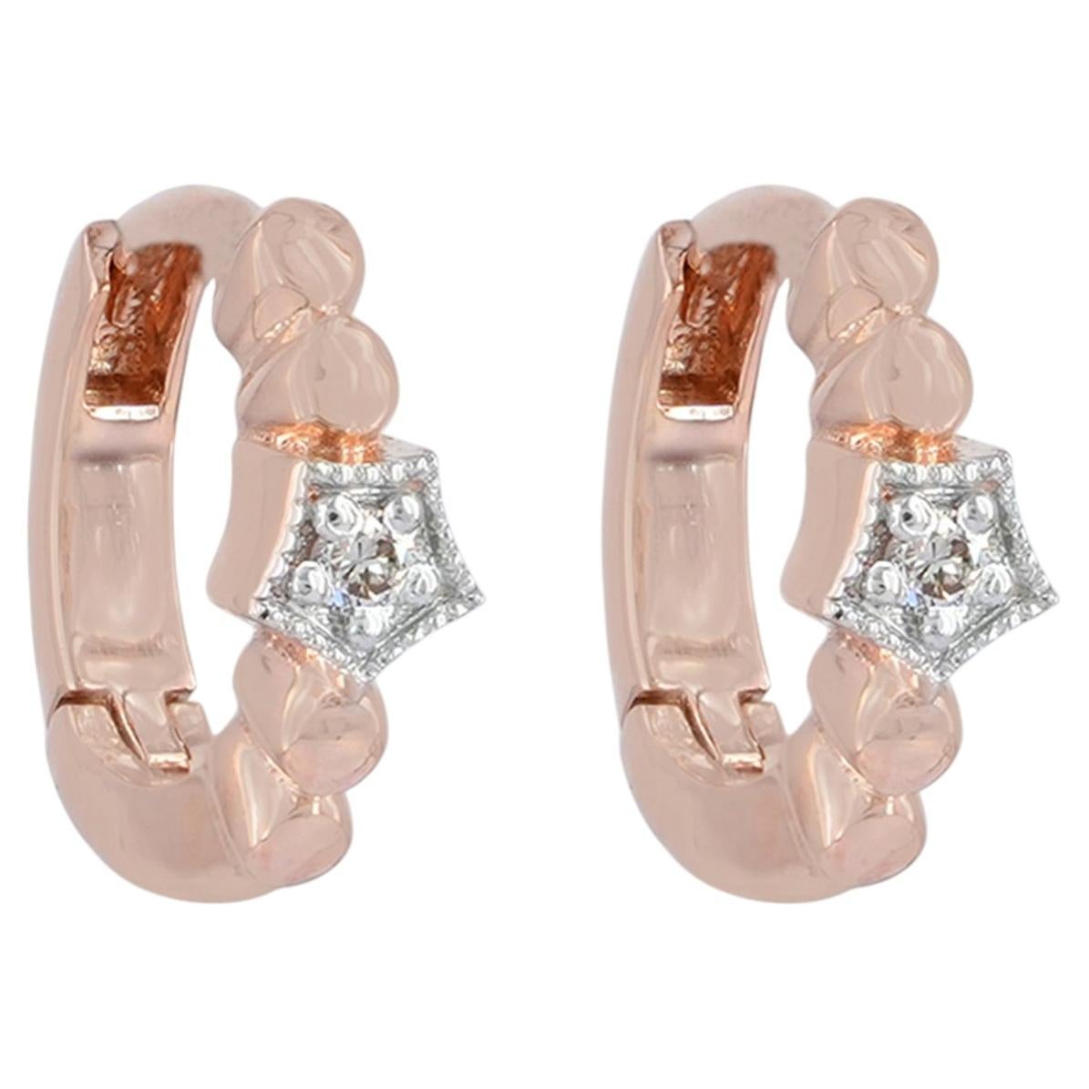 Genuine White Diamond Earring Solid 14k Rose Gold Small Huggie Hoop Earring