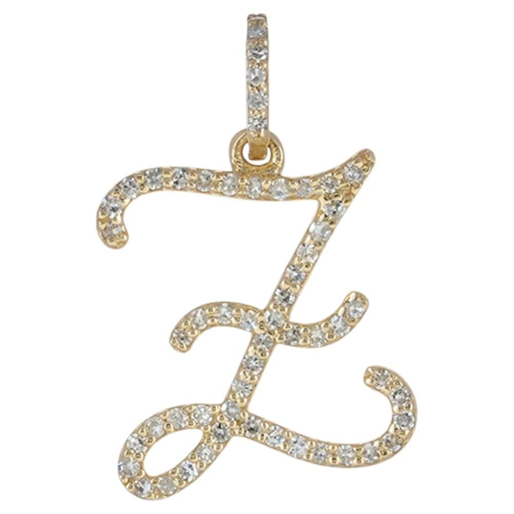 Genuine White Diamond Solid 14k Yellow Gold Designer Z Initial Letter Pendant