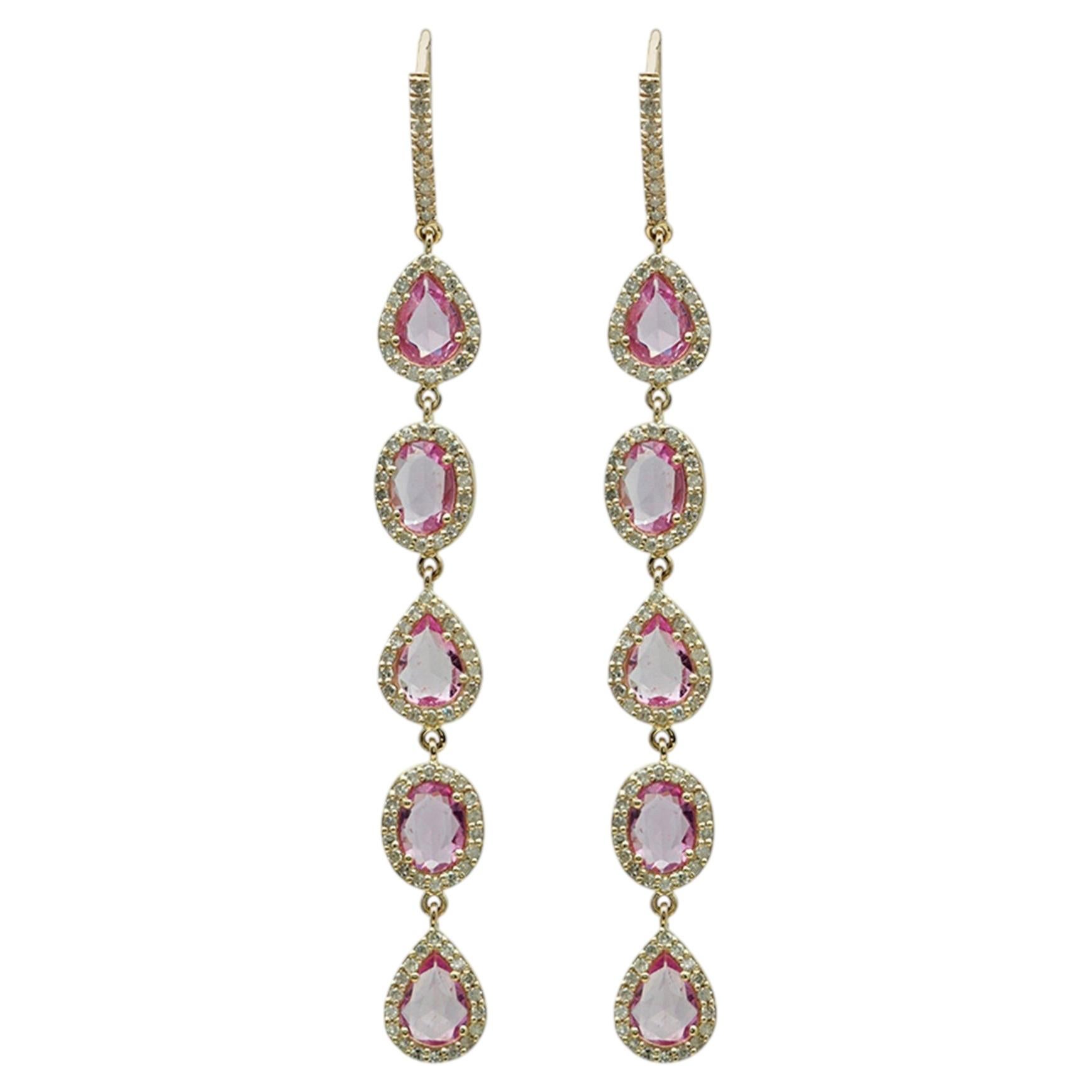Pendiente de gancho con diamante blanco auténtico, oro amarillo macizo de 14k y zafiro rosa