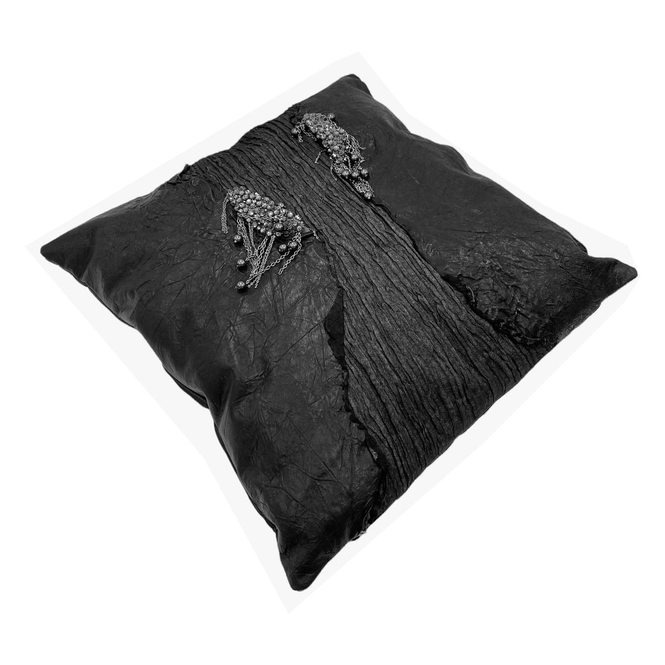 Modern Genuine Wrinkled Black Leather Pillow For Sale